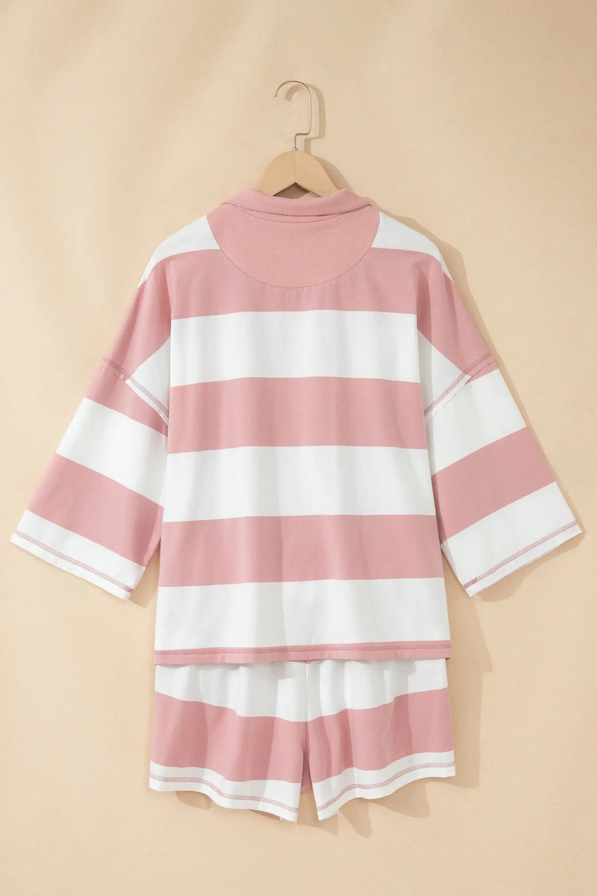 Half Zip Bracelet Sleeve Top Casual Short Set – Pink Stripe