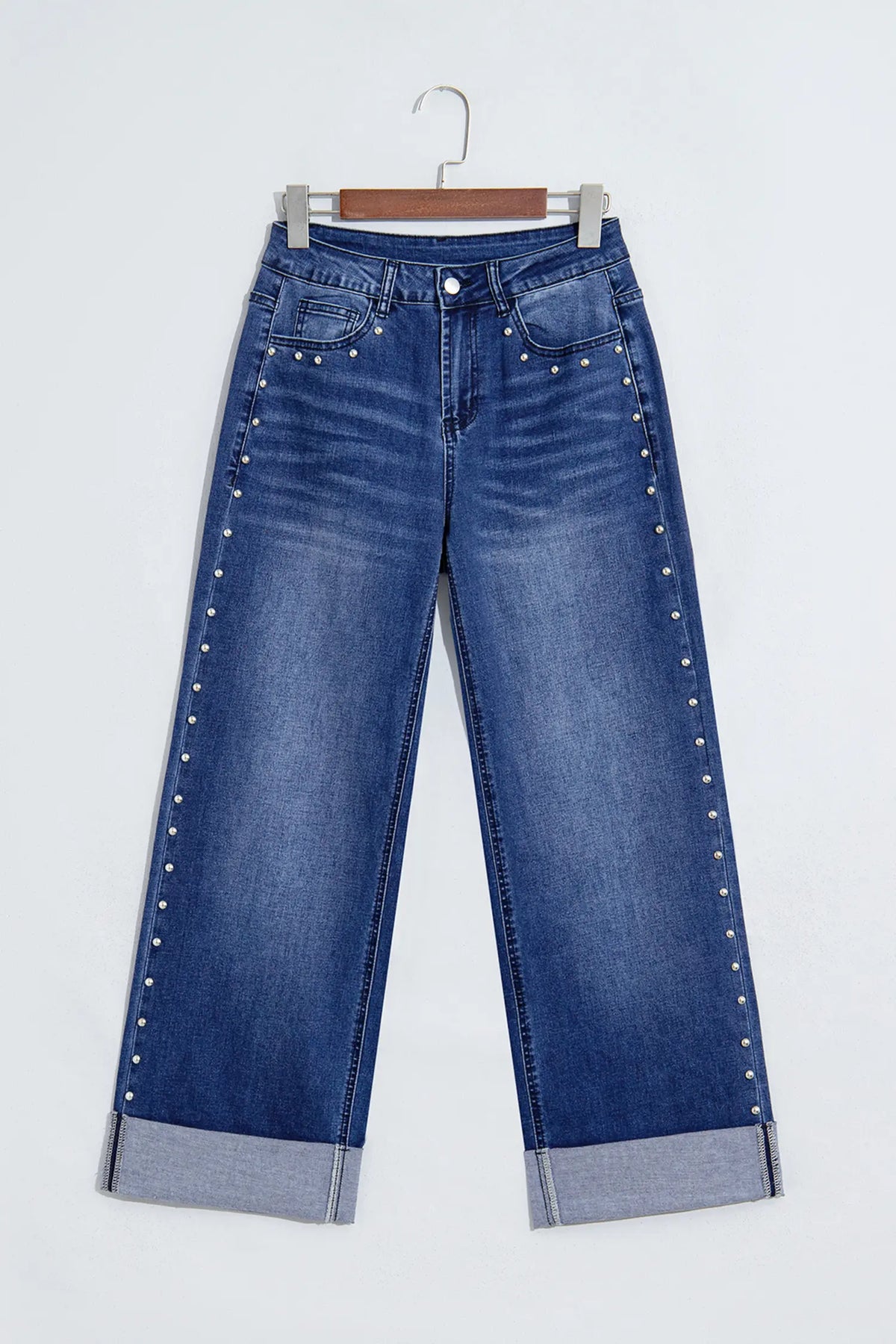 Studded Detail Straight Leg Casual Loose Jeans – Black