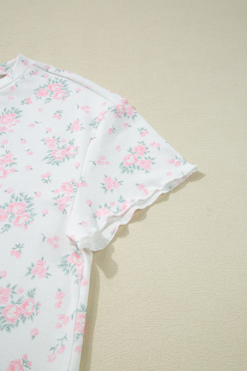 Pink Floral Lettuce Trim Tee and Shorts Ribbed Lounge Set eAura