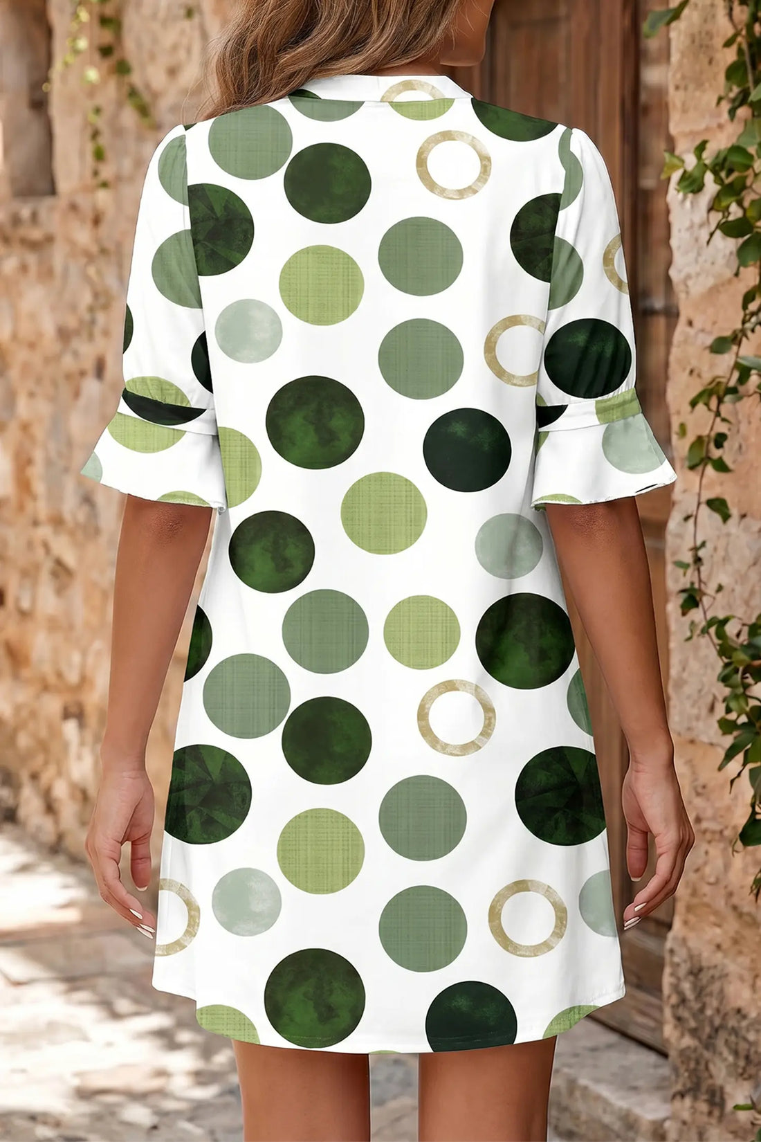 Polka Dot Print Flounced Half Sleeve Casual Vacation Style Mini Dress – Green