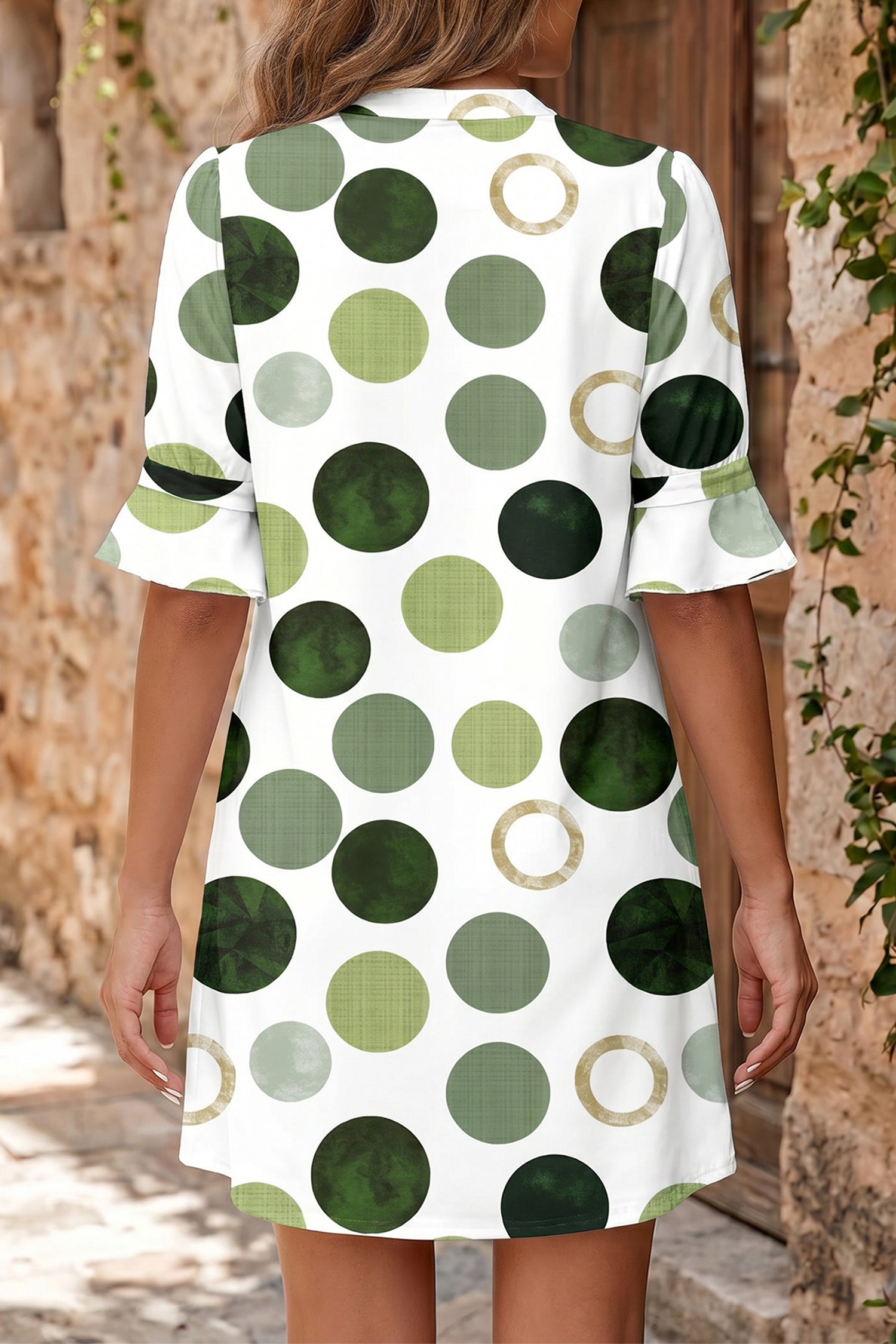 Polka Dot Print Flounced Half Sleeve Casual Vacation Style Mini Dress – Green