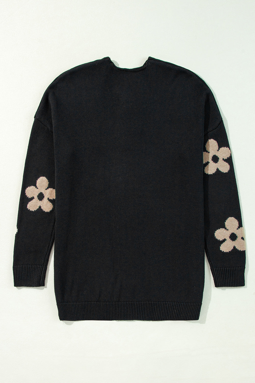 Black Floral Print Knitted Open Front Loose Cardigan eAura