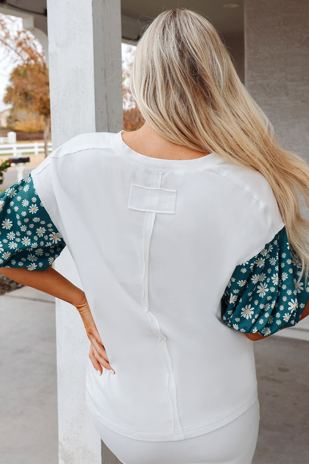White Contrast Floral Puff Sleeve Oversized Top eAura