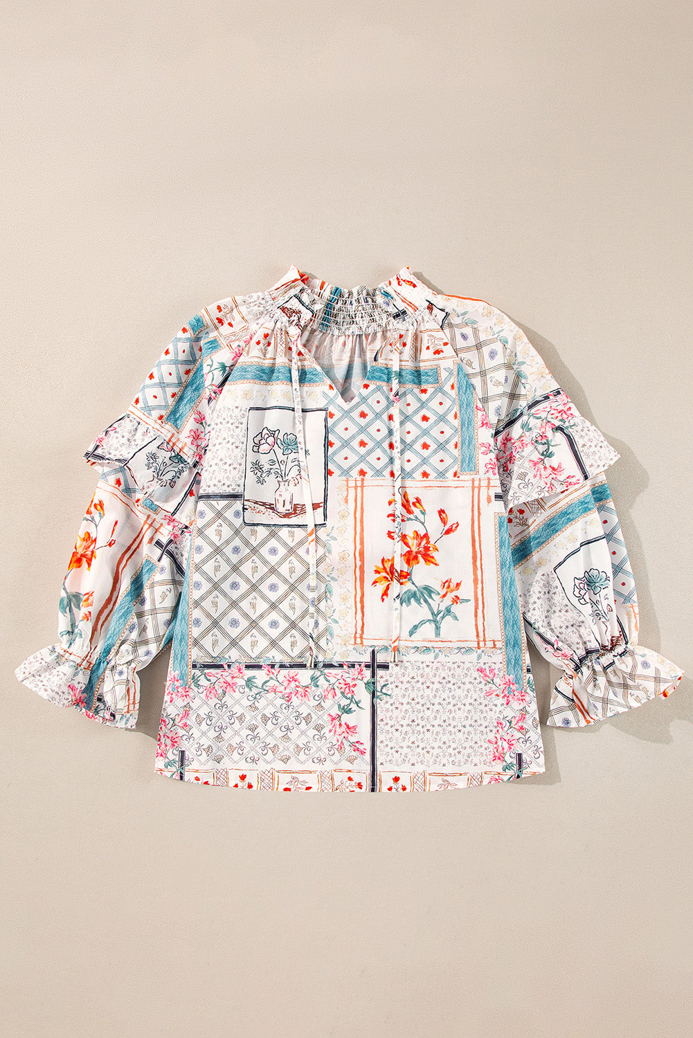 Multicolour Boho Floral Patched Ruffled Sleeve Tied Neck Blouse Beagle Boutique Fashion Outlet