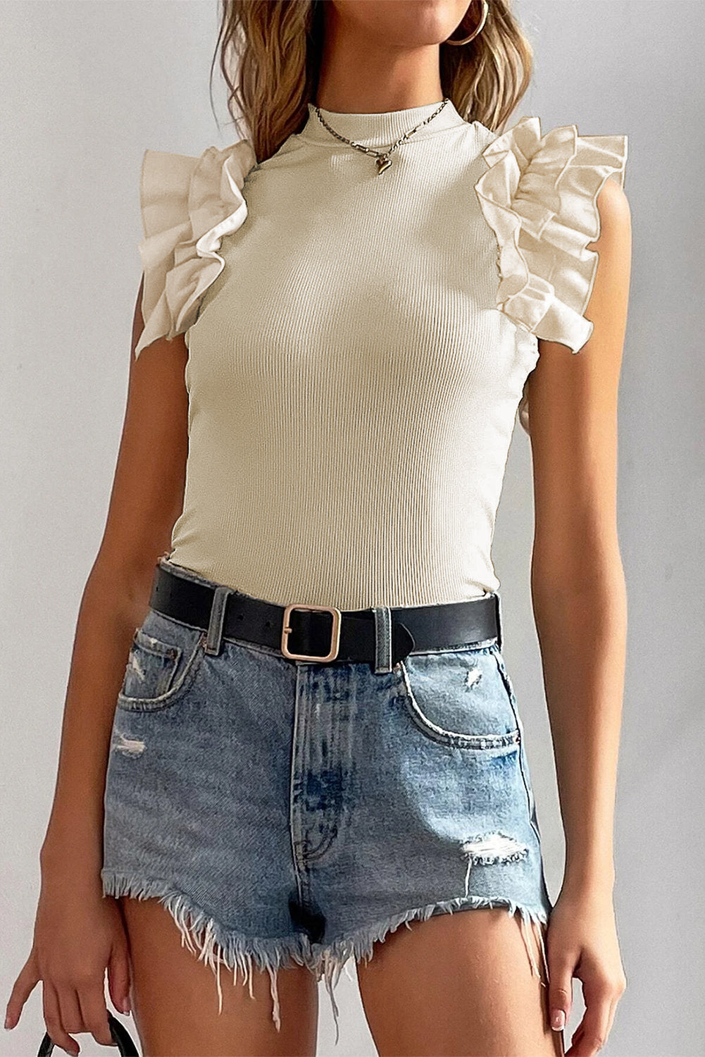 Beige Ruffle Flutter Sleeve High Neck Ribbed Blouse eAura
