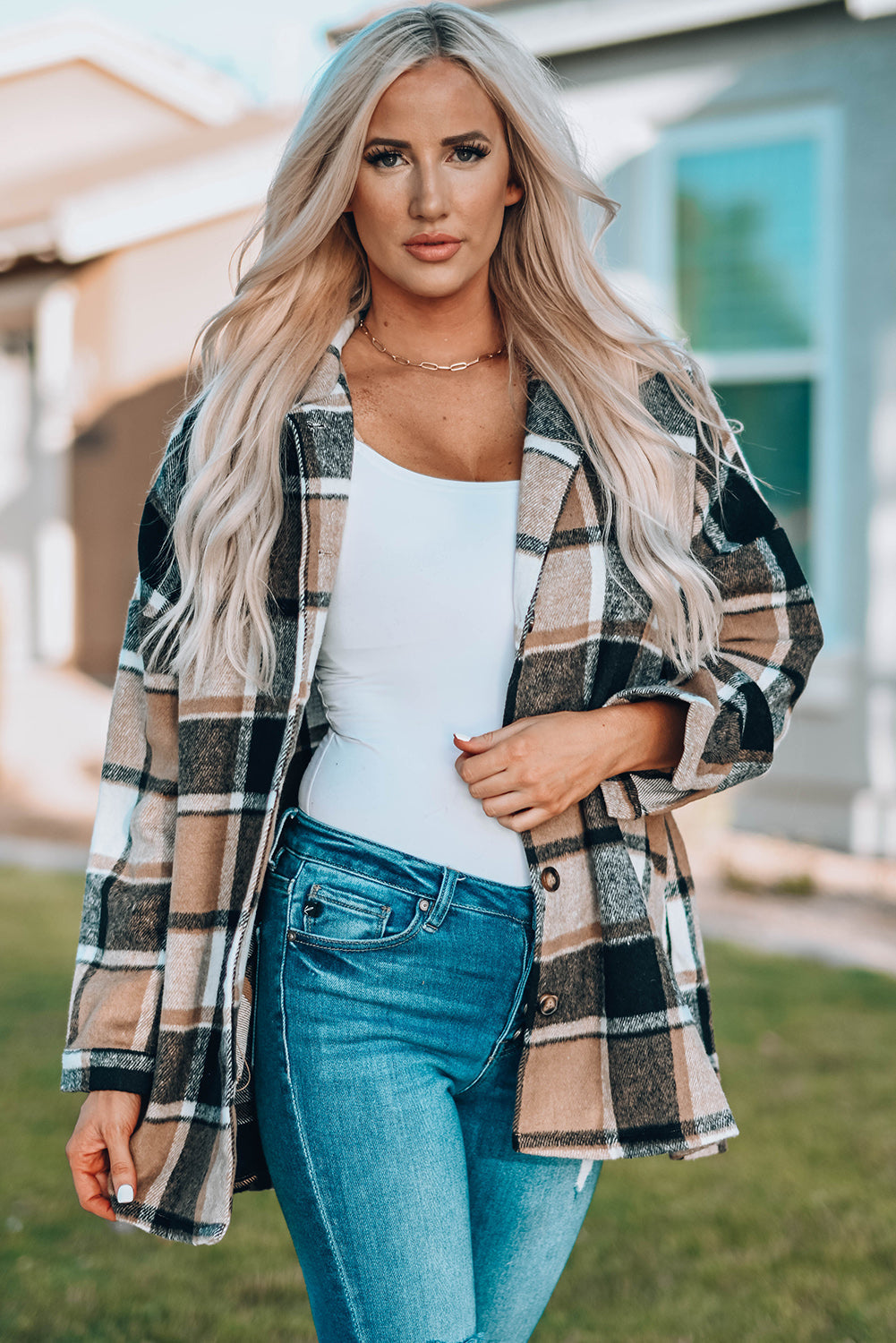 Plaid Print Buttoned Shirt Jacket Beagle Boutique Fashion Outlet