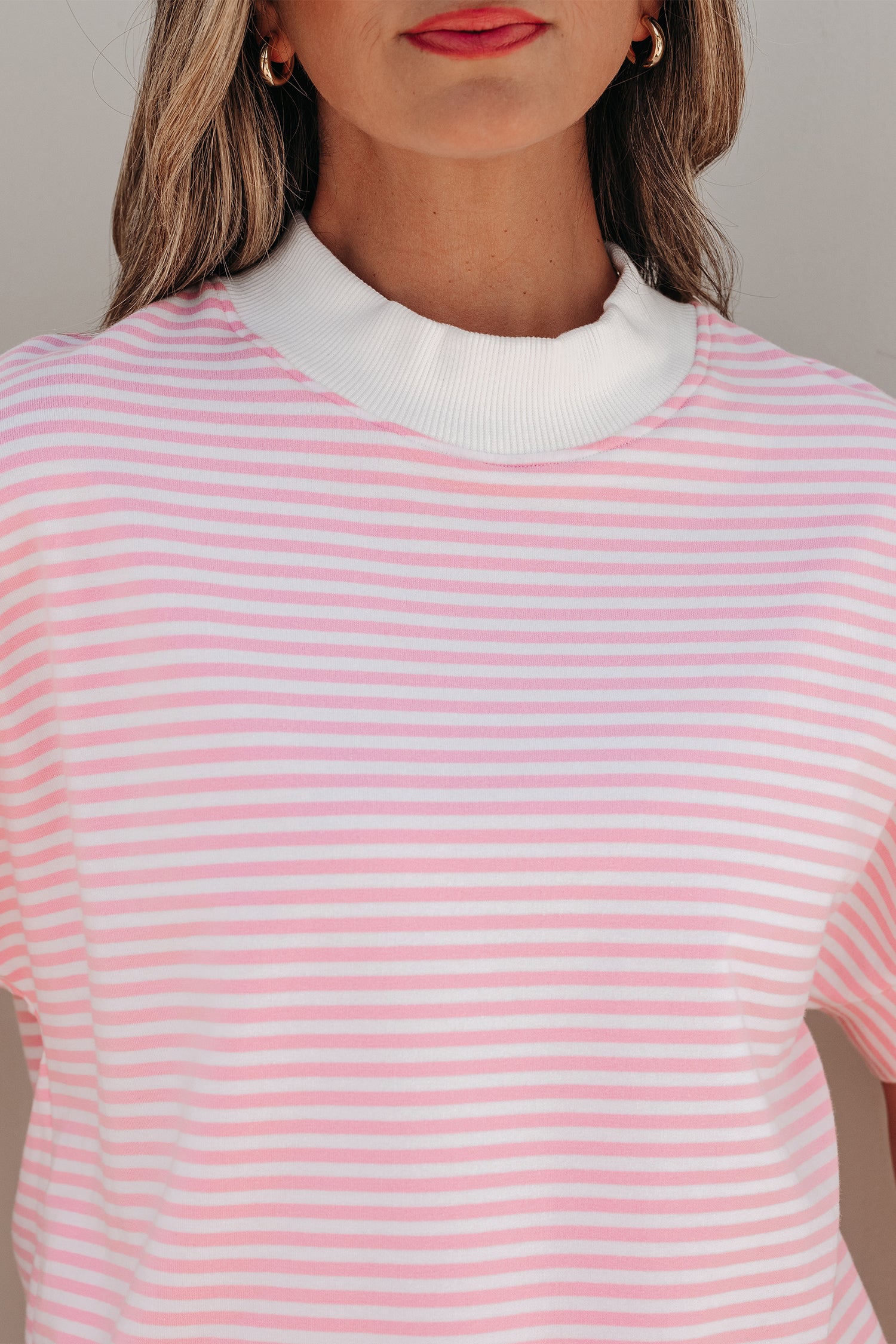 Stripe Cuffed Sleeve Contrast Mock Neck Tee Casual Co-ord Short Set