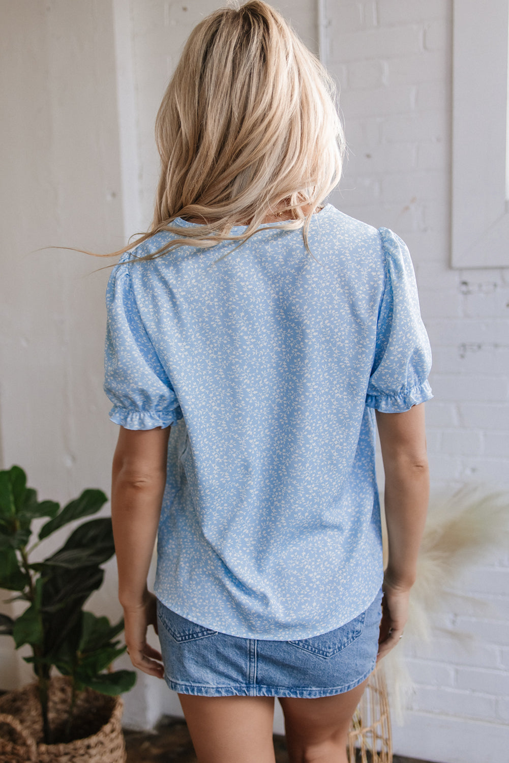 Sky Blue Floral Embroidered Puff Sleeve Notched V Neck Blouse eAura