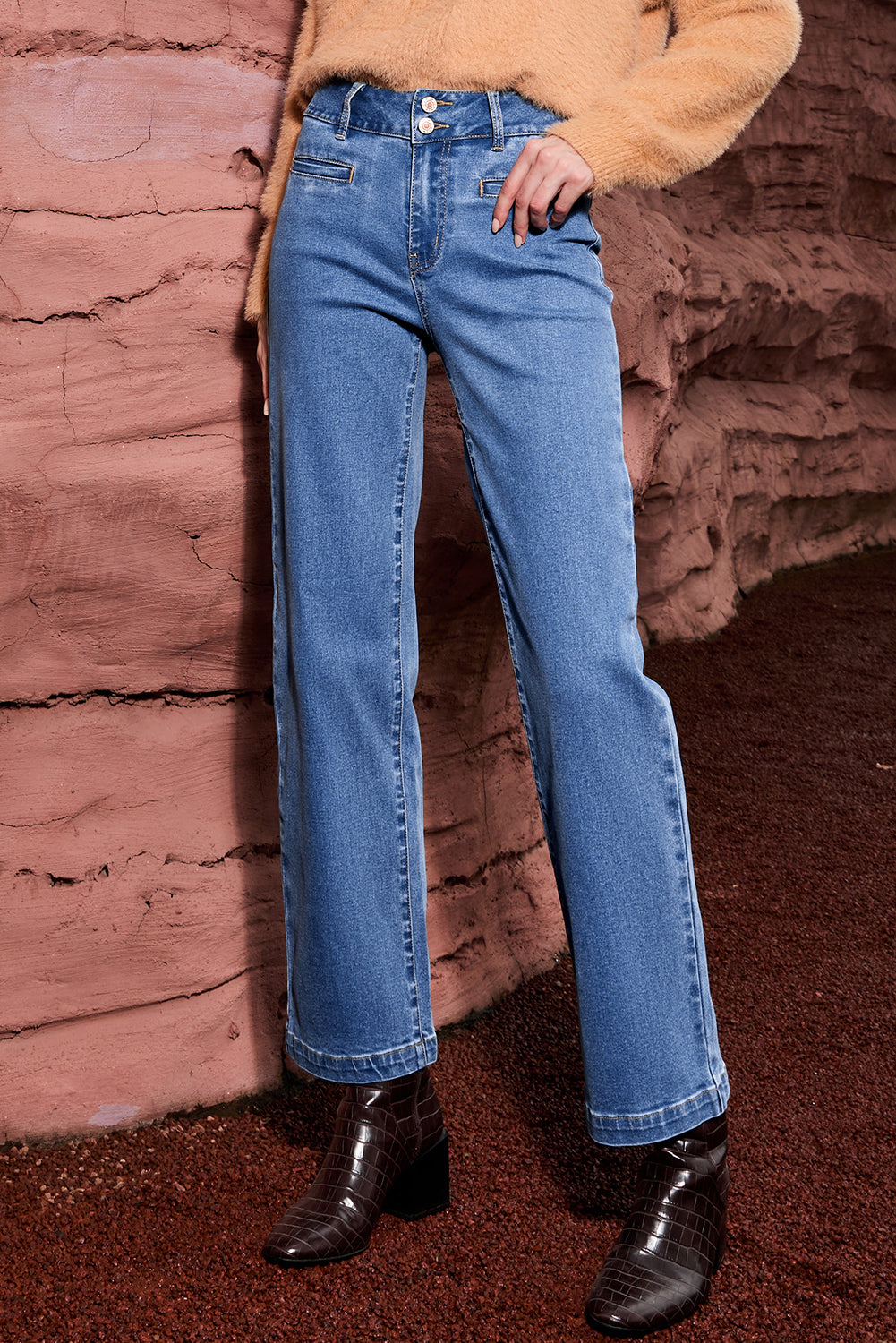 Double Button High Rise Straight Leg Jeans - eAura