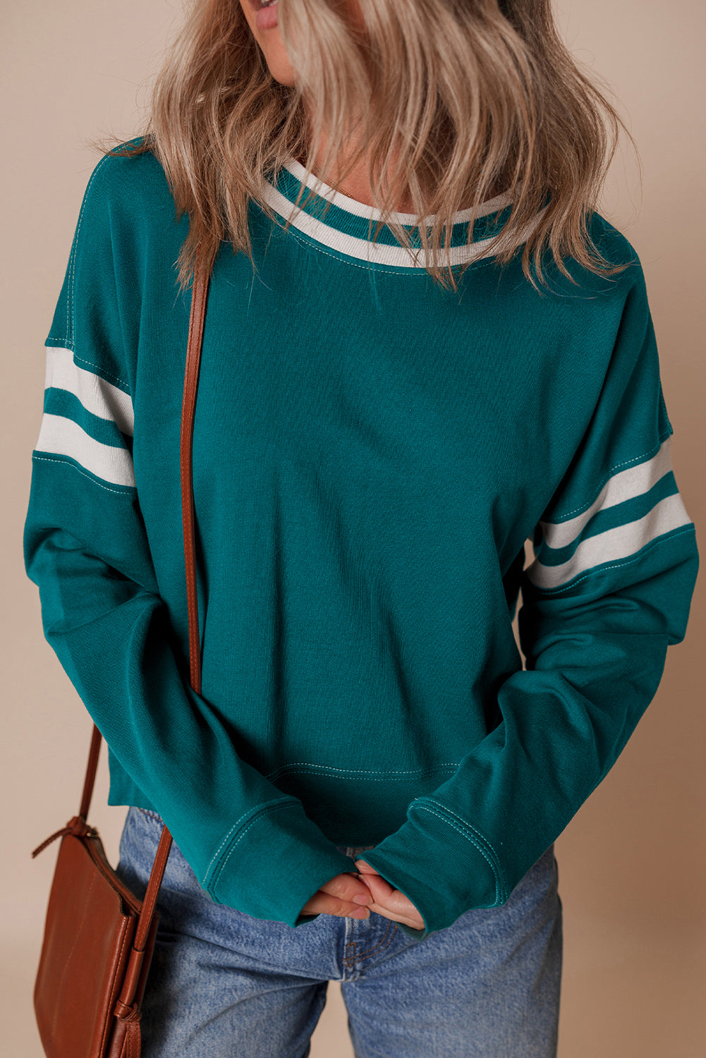 Green Contrast Striped Patchwork Drop Shoulder Sweatshirt - eAura