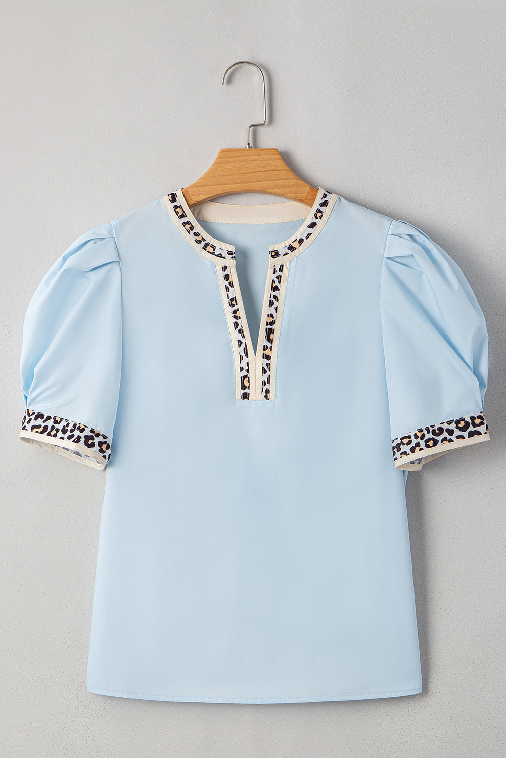 Beau Blue Contrast Leopard Trim Split Neck Puff Sleeve Blouse eAura