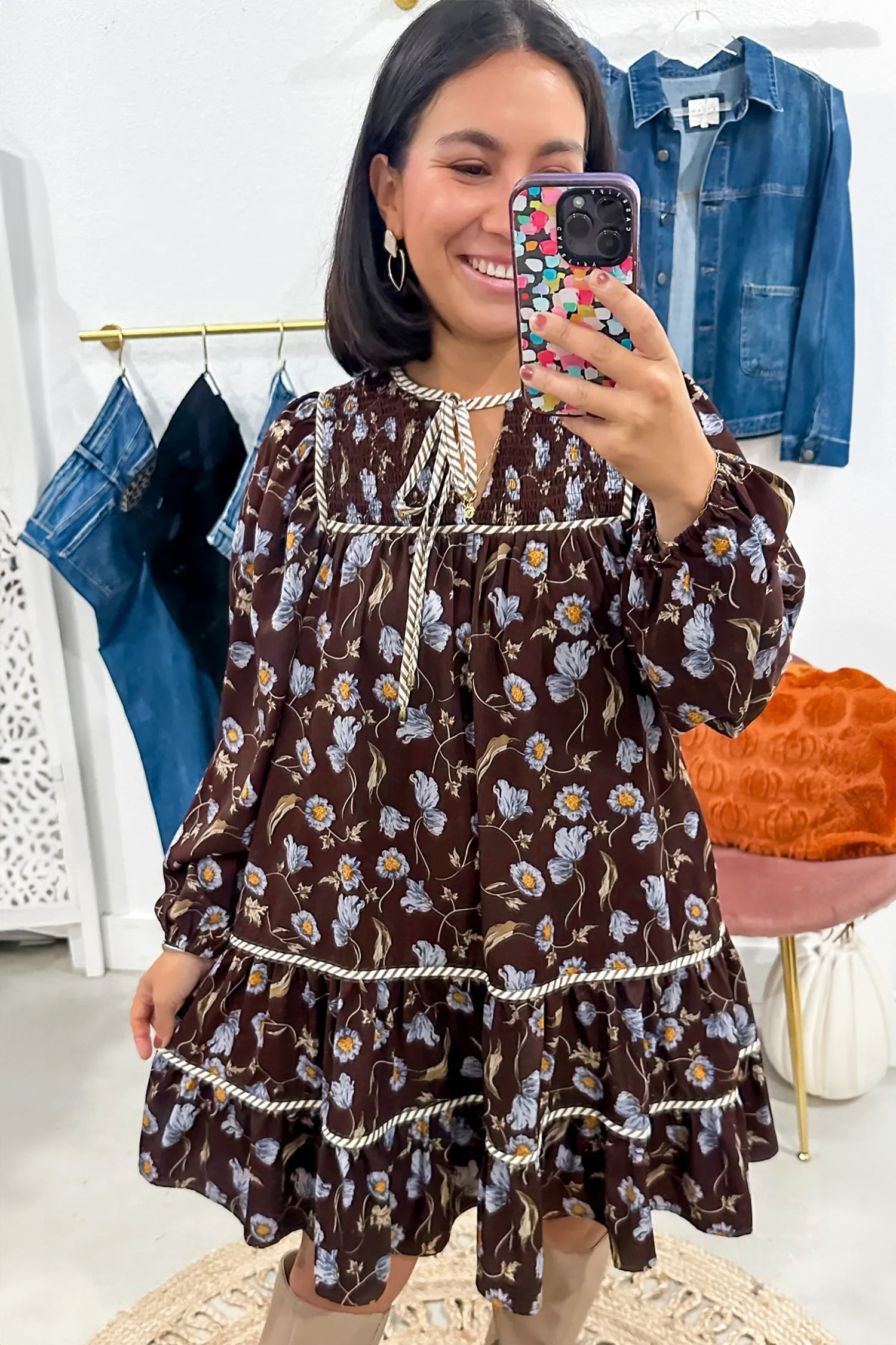 Floral Print Shirred V Neck Shift Dress – Brown