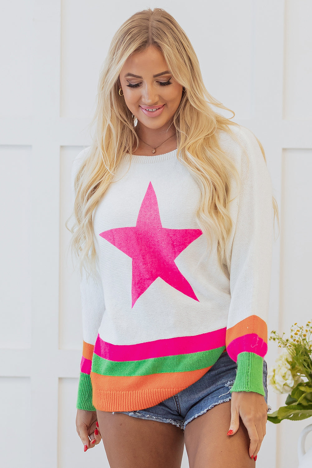 White Star Pattern Colourblock Striped Edge Drop Shoulder Sweater eAura
