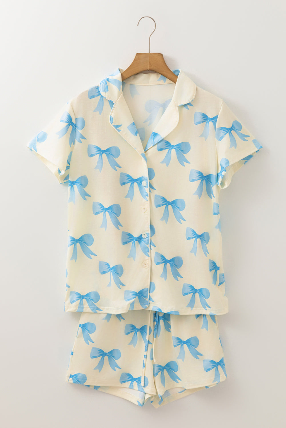 Yellow Bow Printed Short Sleeve Shirt Shorts Pyjama Set eAura