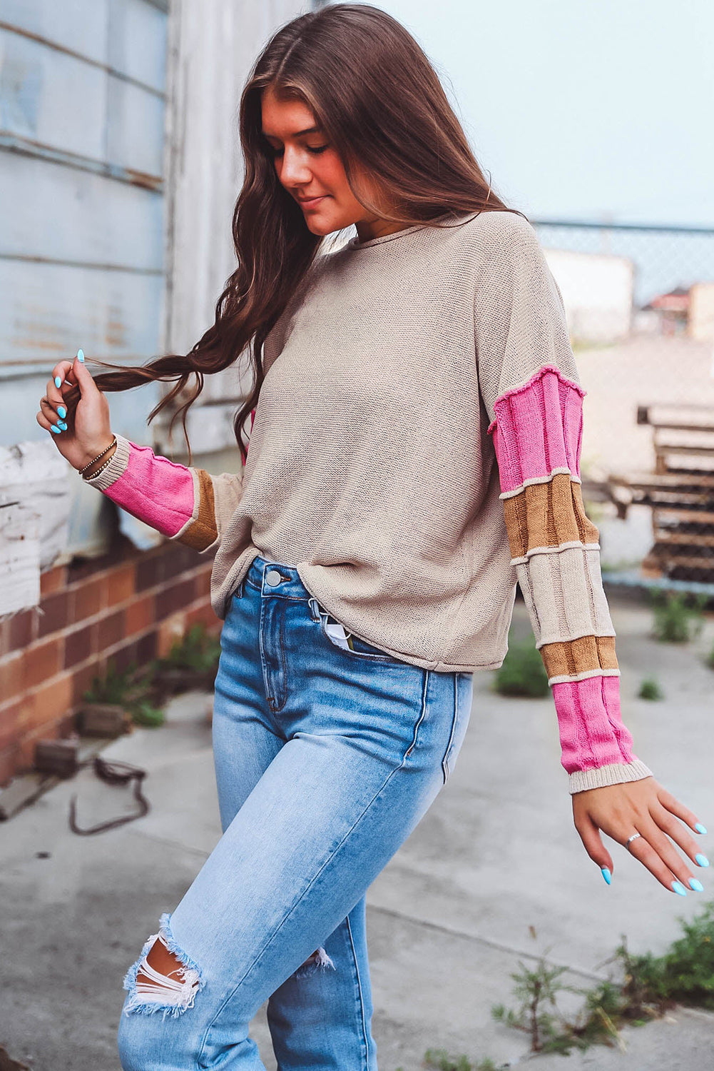 Simply Taupe Colourblock Exposed Seam Round Neck Sweater eAura