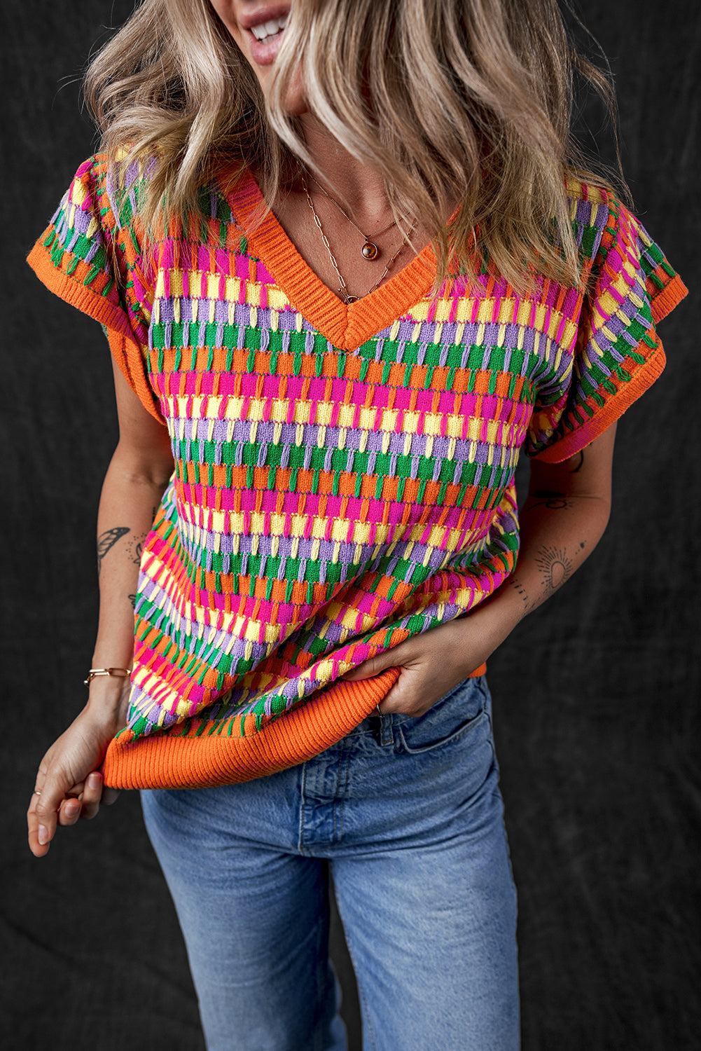 Green Multi Flutter Sleeve Knitted Sweater Top eAura