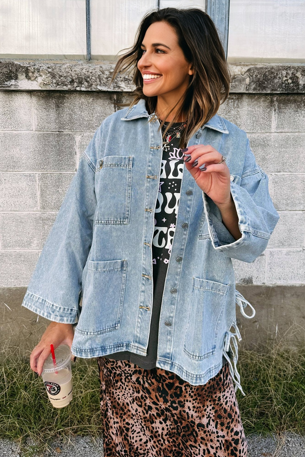 Beau Blue Multi Patched Pockets Side Tie up Boyfriend Style Denim Jacket eAura