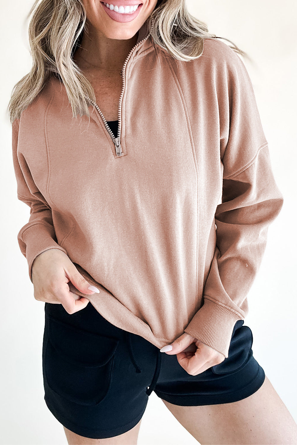 Smoke Gray Zipped Neck Pullover Drop Shoulder Sweatshirt Beagle Boutique Fashion Outlet