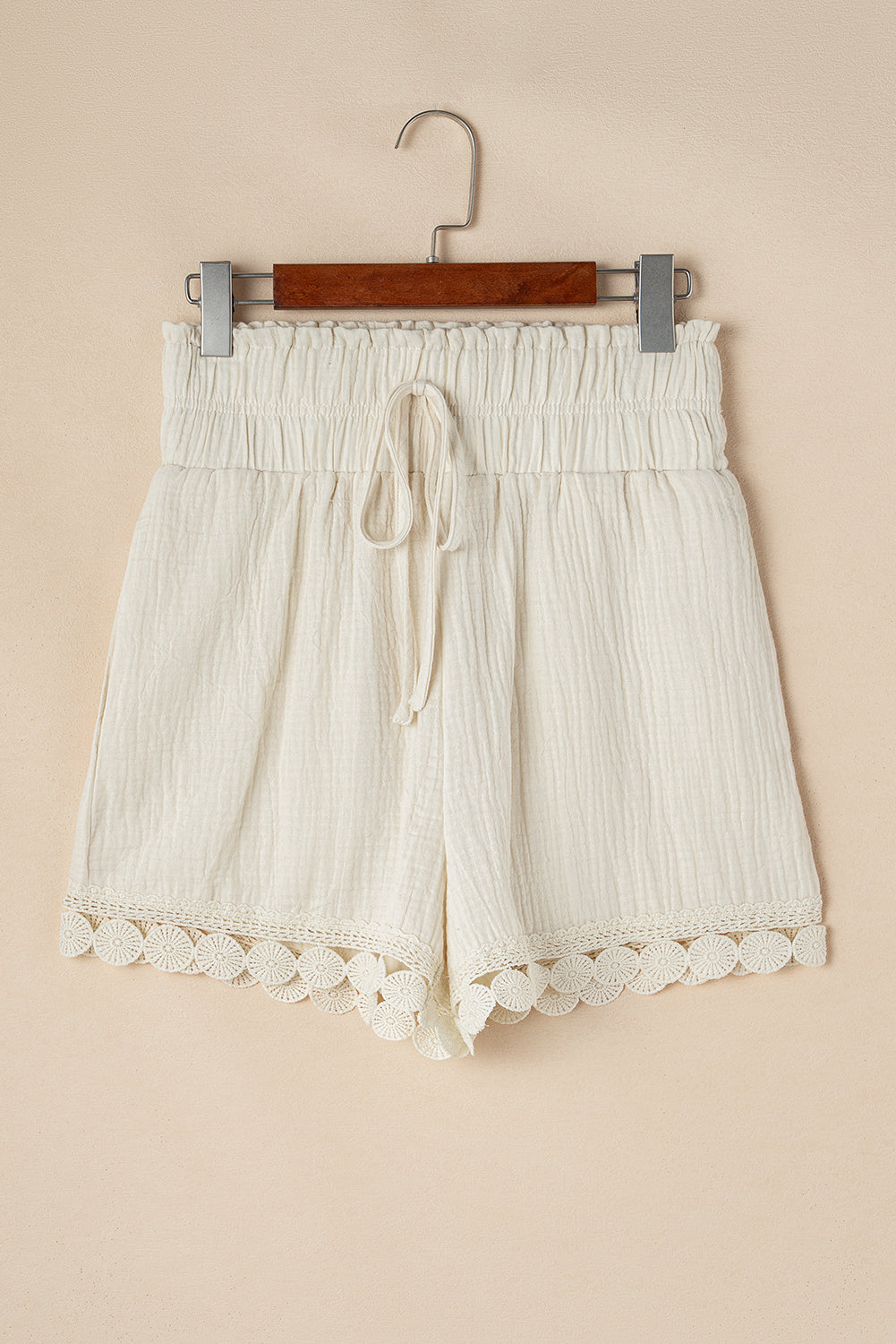 Apricot Textured Frilled Knotted High Waist Lace Hem Shorts eAura