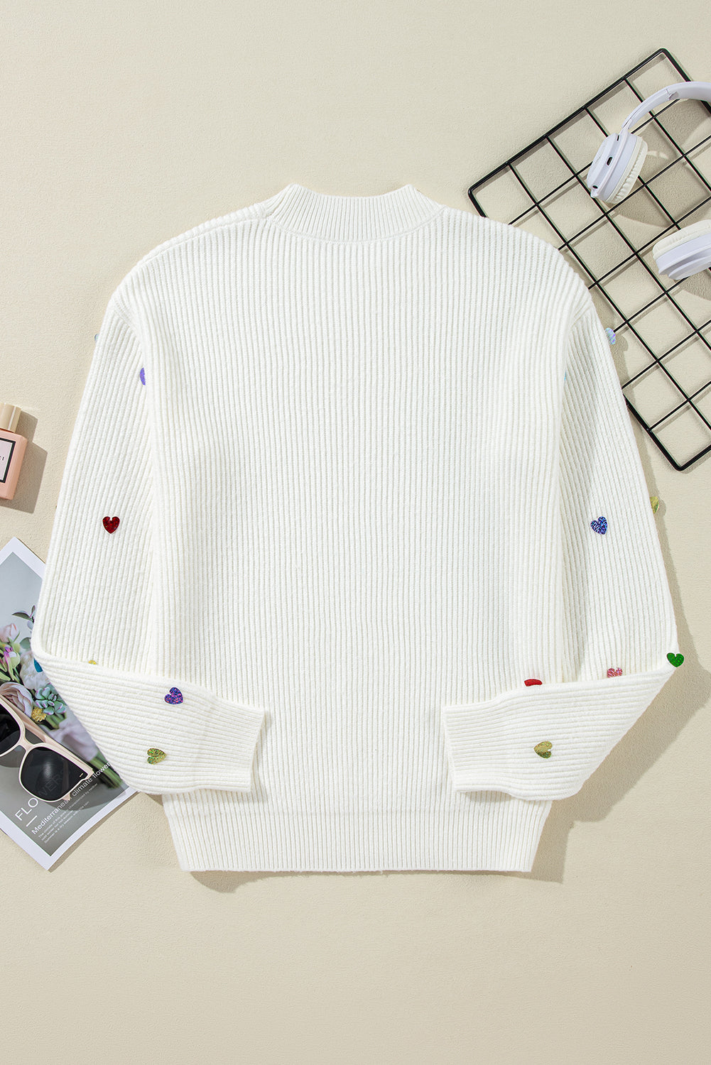 Beige Sequin Heart Shape Waffle Knit Round Neck Sweater eAura