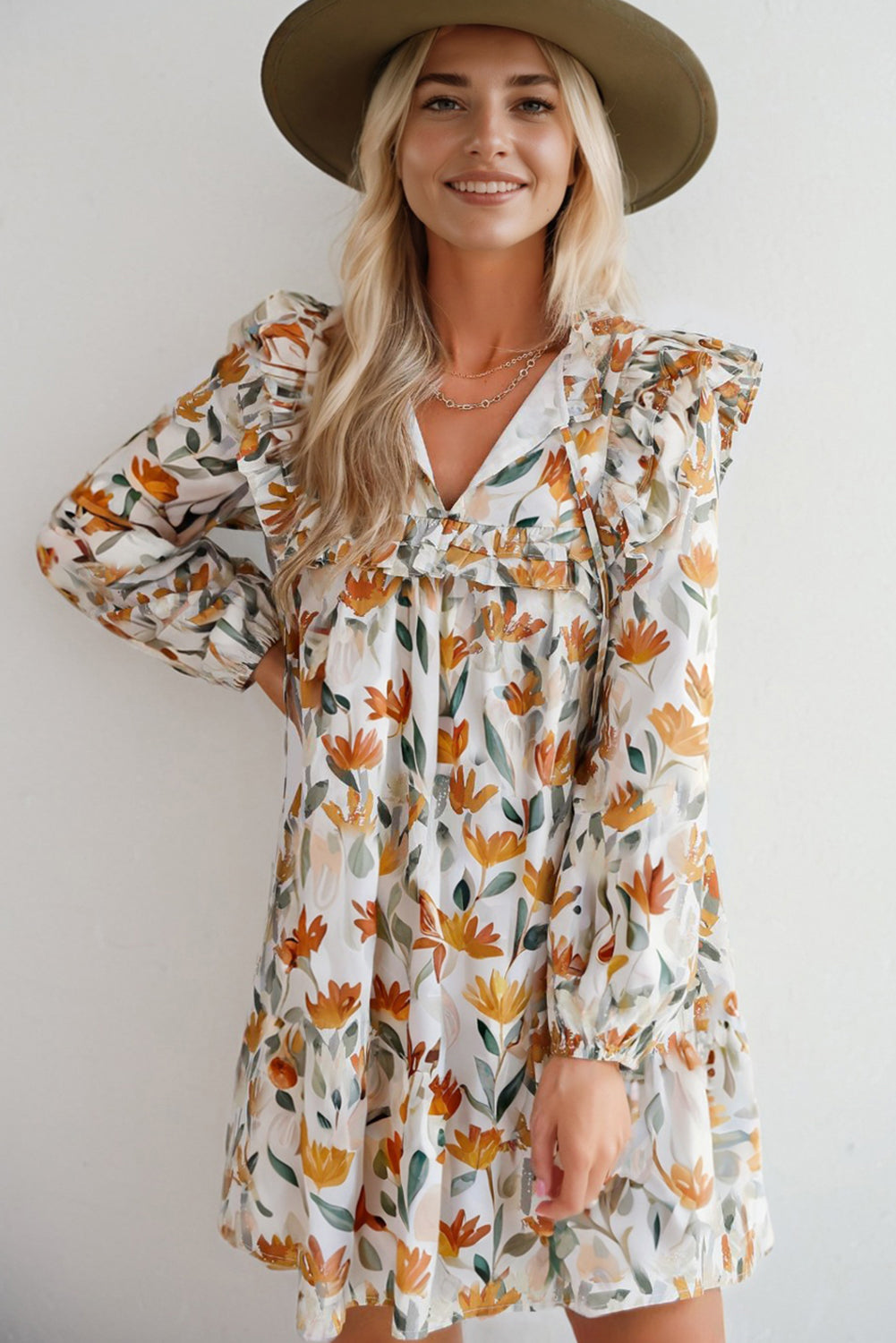 Yellow Floral Print Tie Neck Frilled Detail Long Sleeve Mini Dress eAura