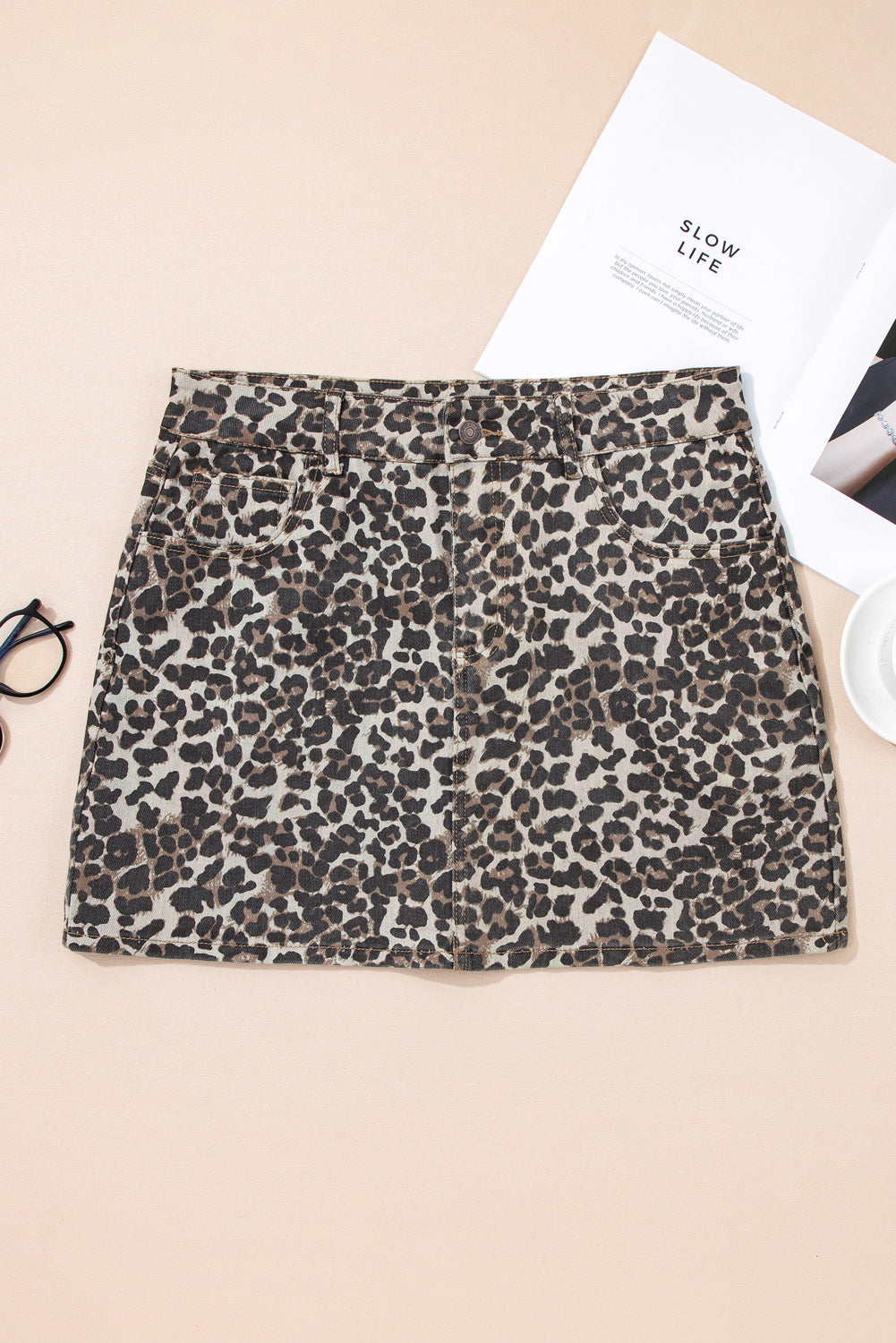 Khaki Leopard Denim Mini Skirt eAura