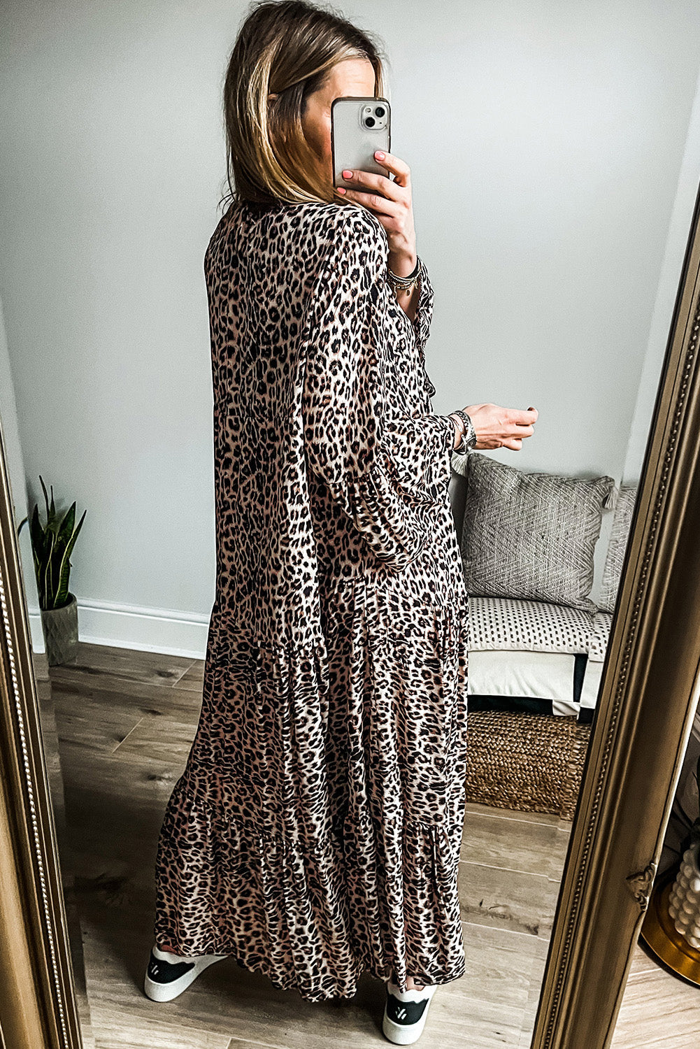 Apricot Leopard Print Tiered Wide Sleeve Maxi Dress eAura