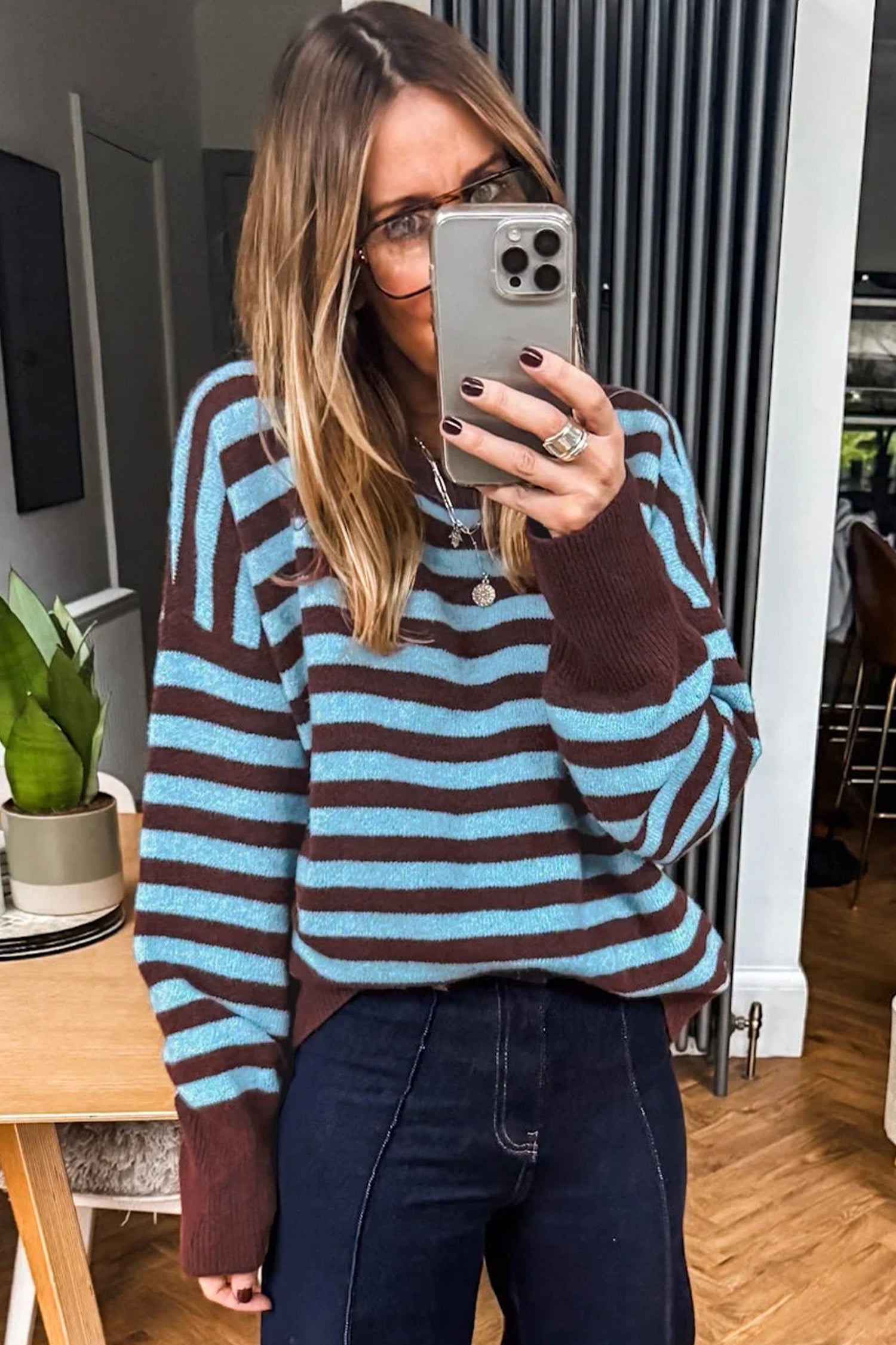 Color Block Loose Crew Neck Cuffed Sweater – Brown Stripe