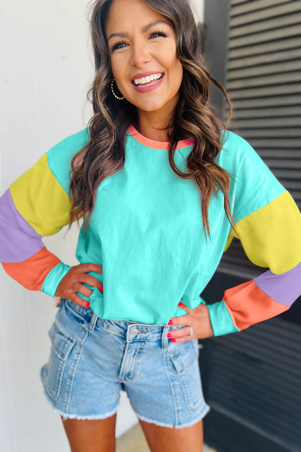 Dark Blue Colourblock Patchwork Long Sleeve Loose Top eAura