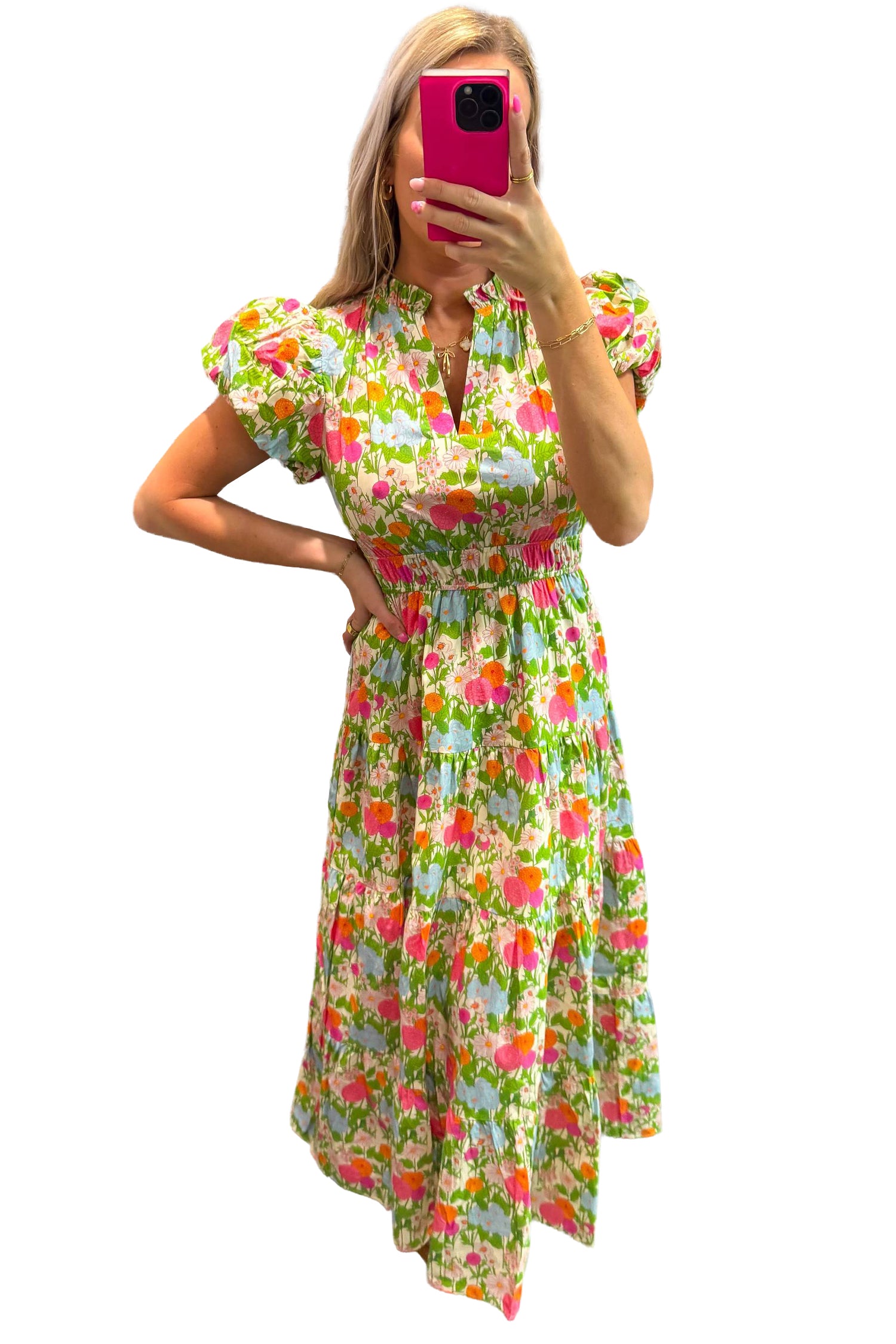 Floral Print V-Neck Short Puff Sleeve Maxi Dress