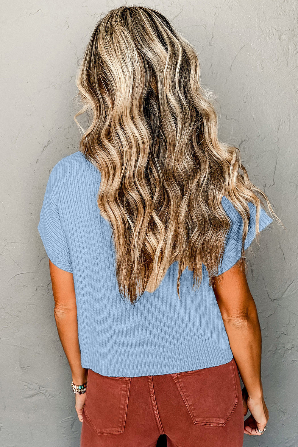Beau Blue Patch Pocket Ribbed Knit Short Sleeve Sweater eAura