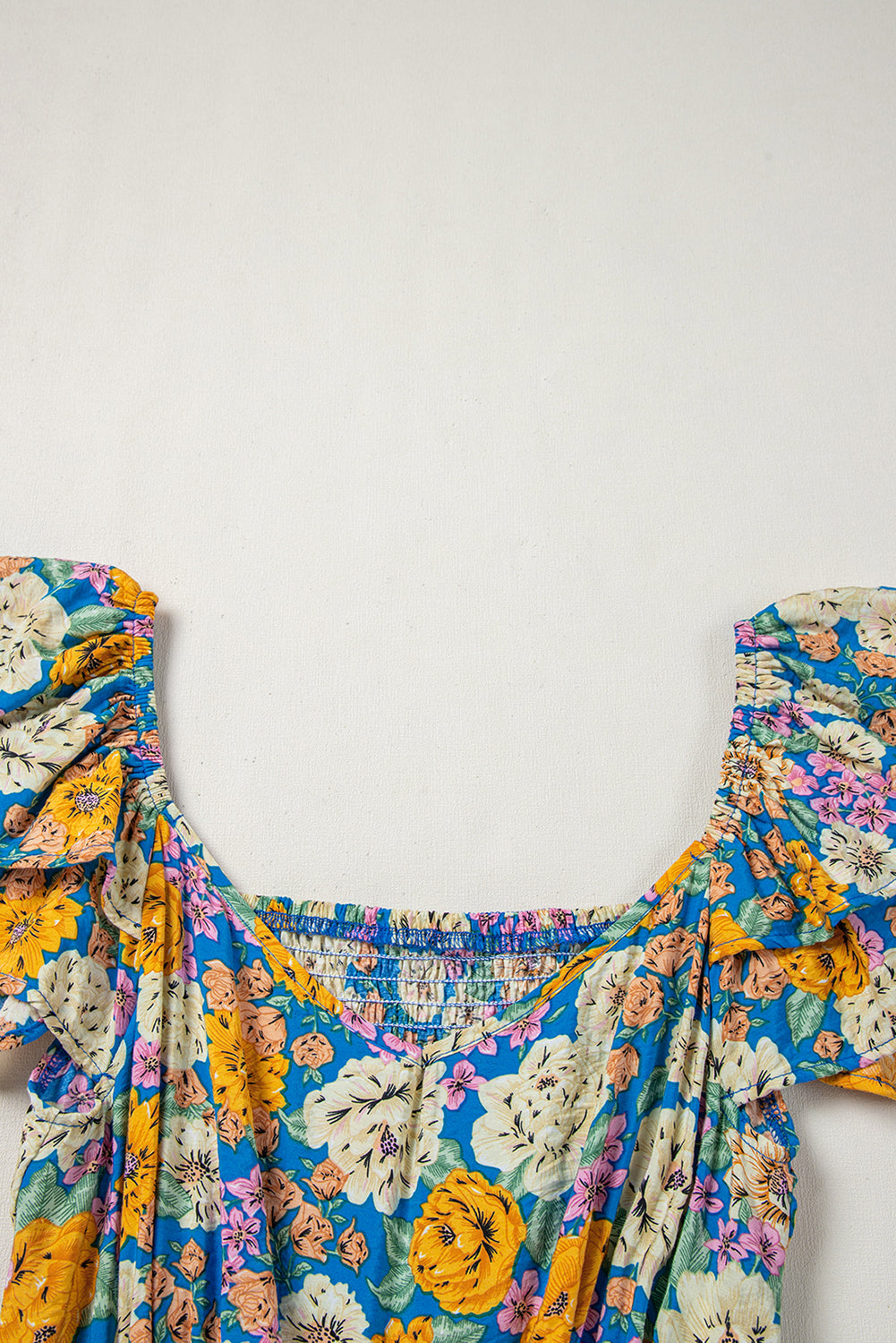 Yellow Floral Allover Print Shirred Cut Out High Waist Jumpsuit eAura