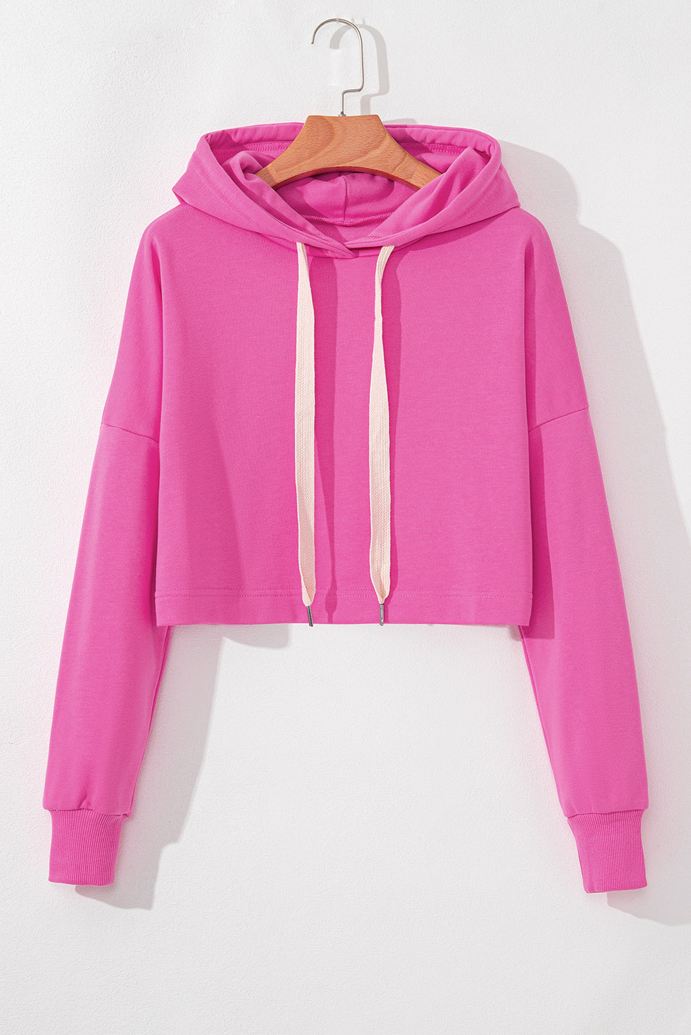 Sachet Pink Solid Drop Shoulder Drawstring Cropped Hoodie eAura