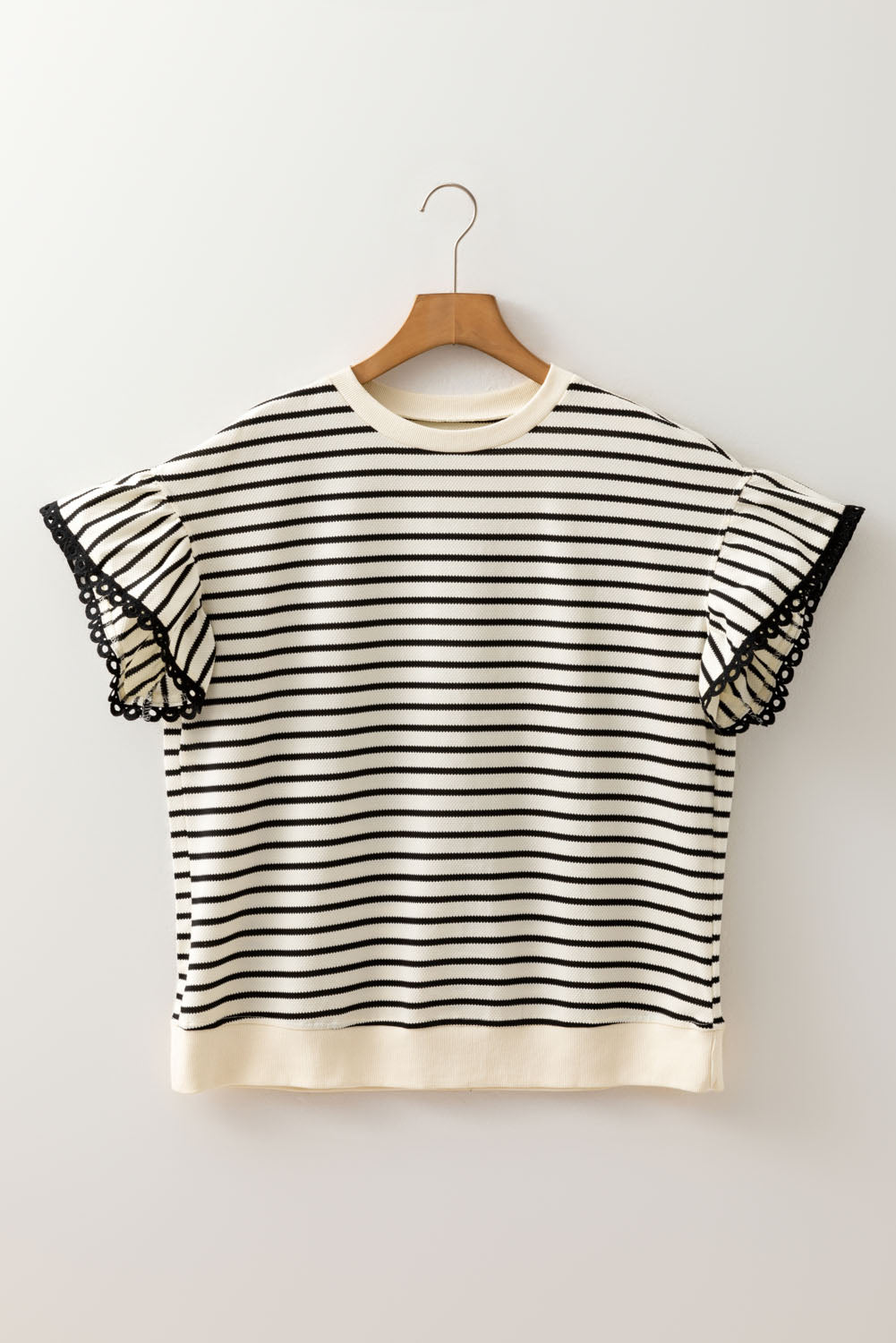 Stripe Eyelet Trimmed Ruffled Short Sleeve Plus Size Top BB Fashion Outlet