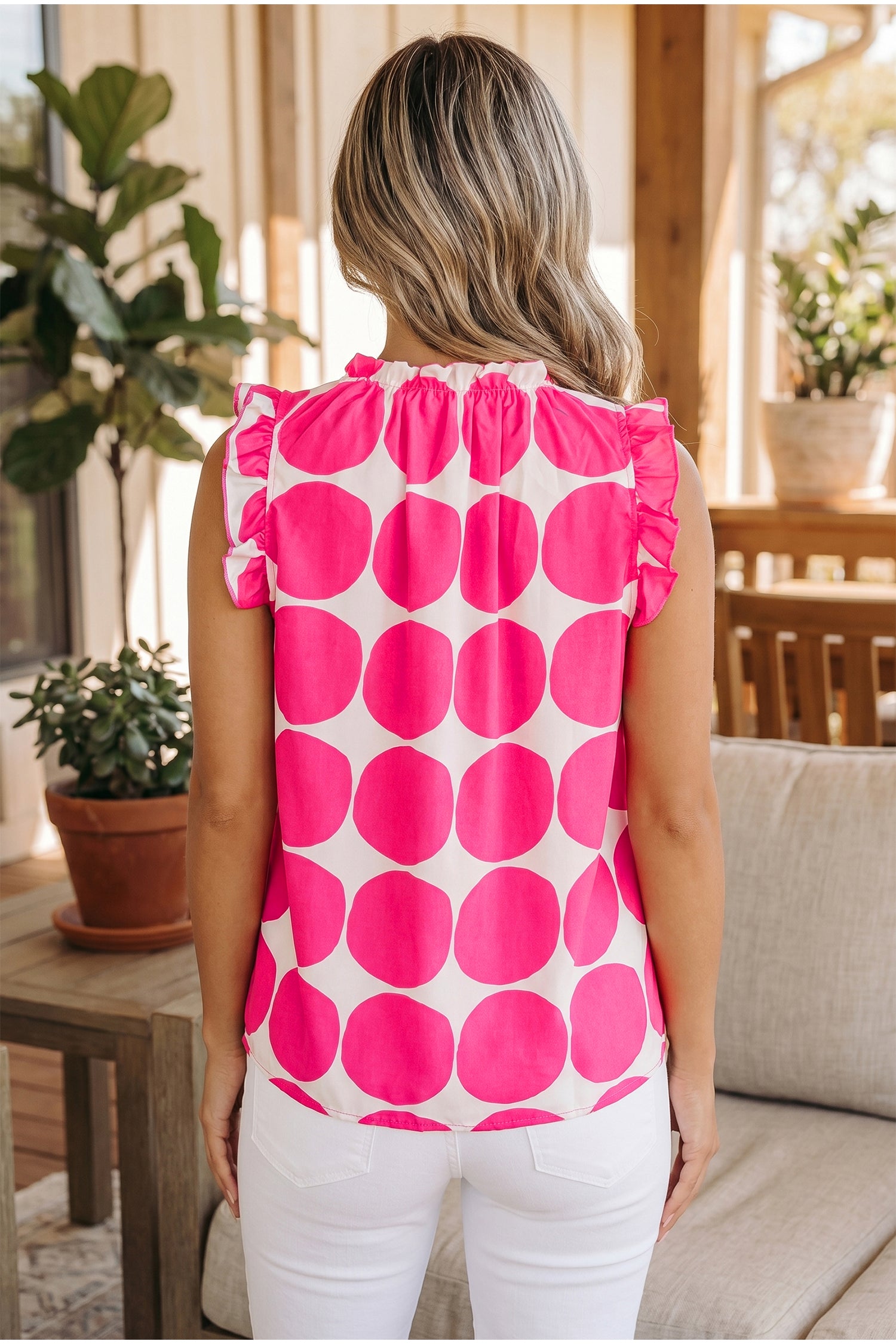 Polka Dot Print Frilled Round Neck Shift Tank Top – Yellow