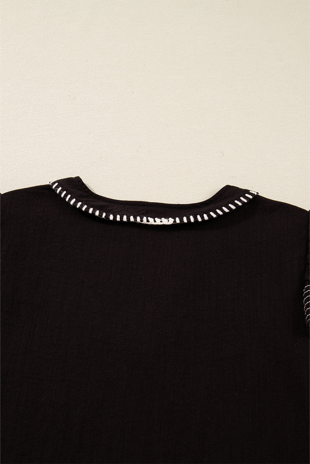 Black Contrast Stitched Detail V Neck Ruffle Long Sleeve Blouse - eAura