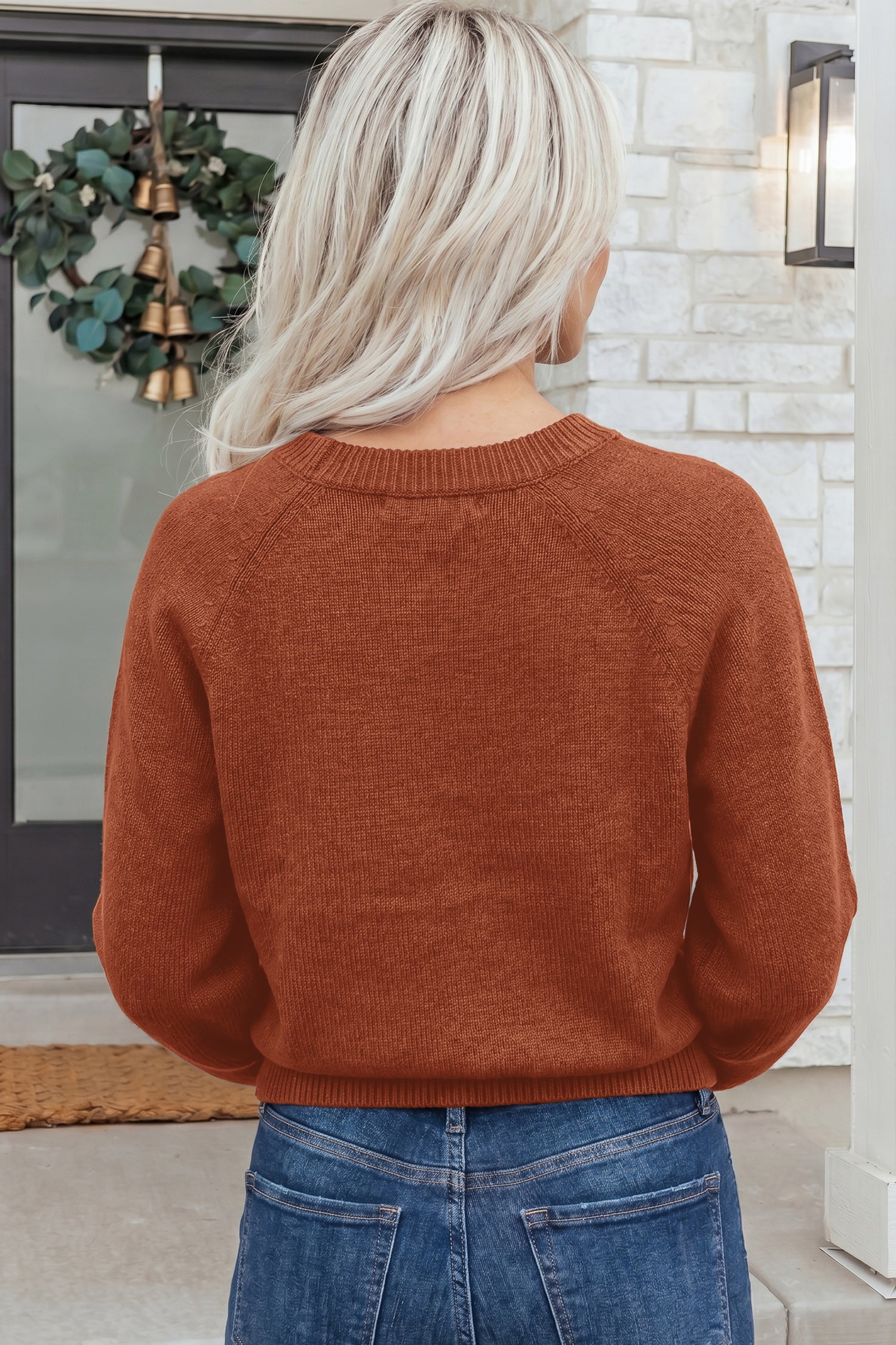Coffee Ribbed Knit Round Neck Short Sleeve Sweater – Brown