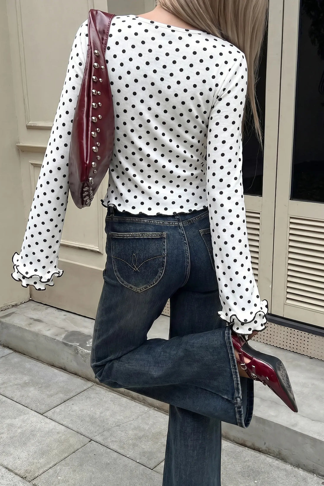 Polka Dot Print Lettuce Trim Long Sleeve Top – Black