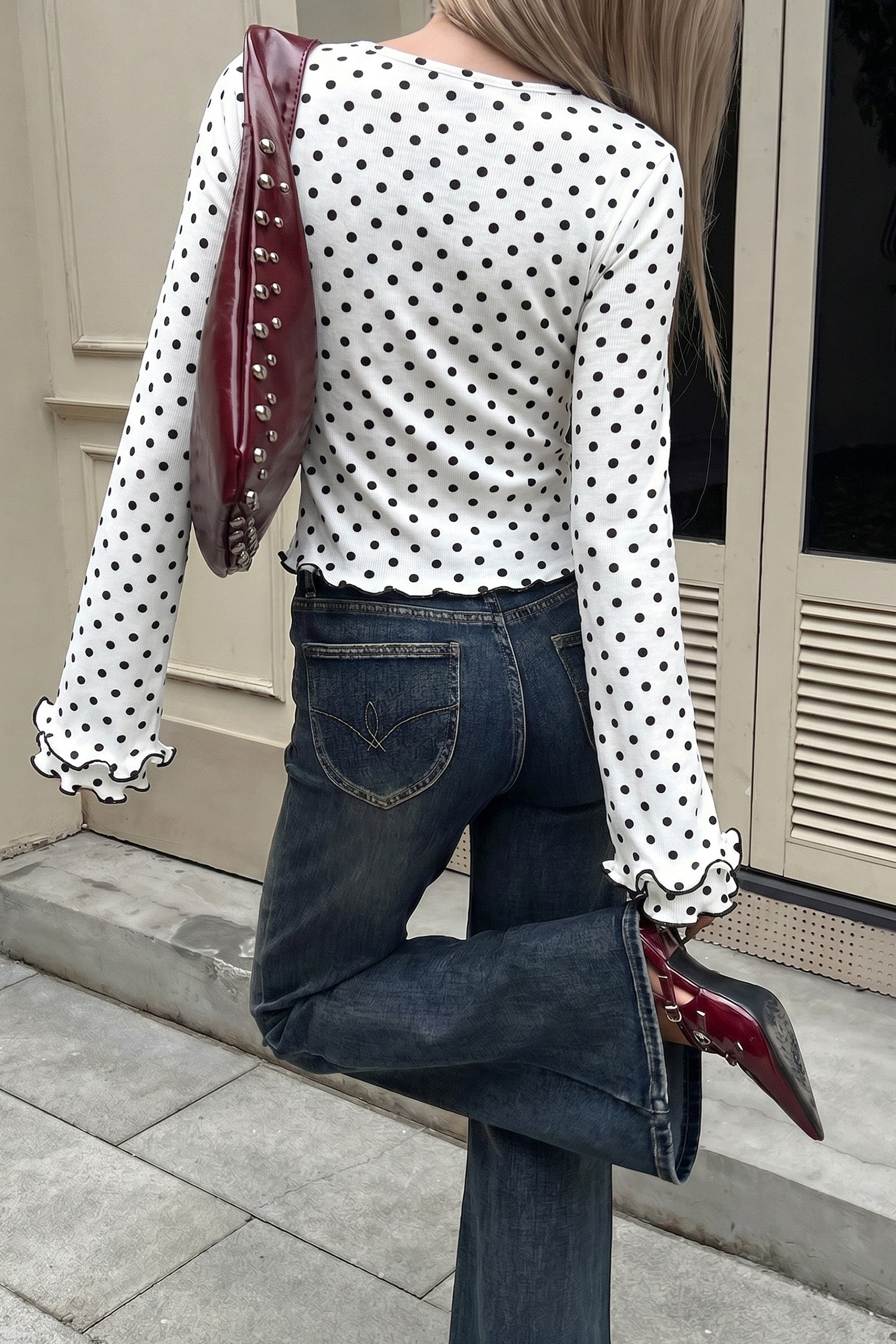 Polka Dot Print Lettuce Trim Long Sleeve Top – Black