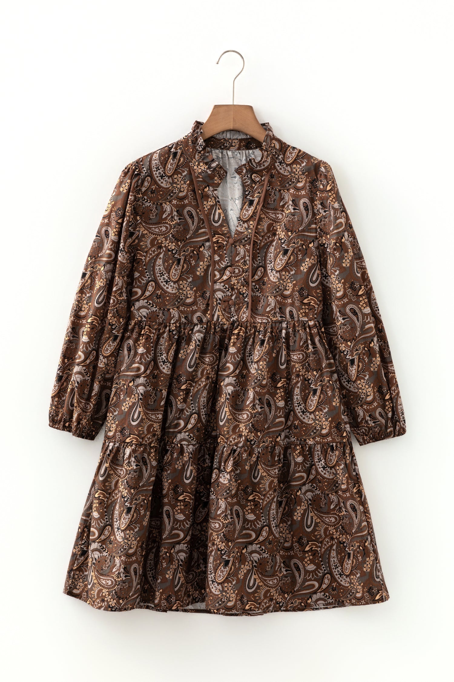 Paisley Print Half Buttons Puff Sleeve Flowy Short Dress - Dresses/Mini Dresses