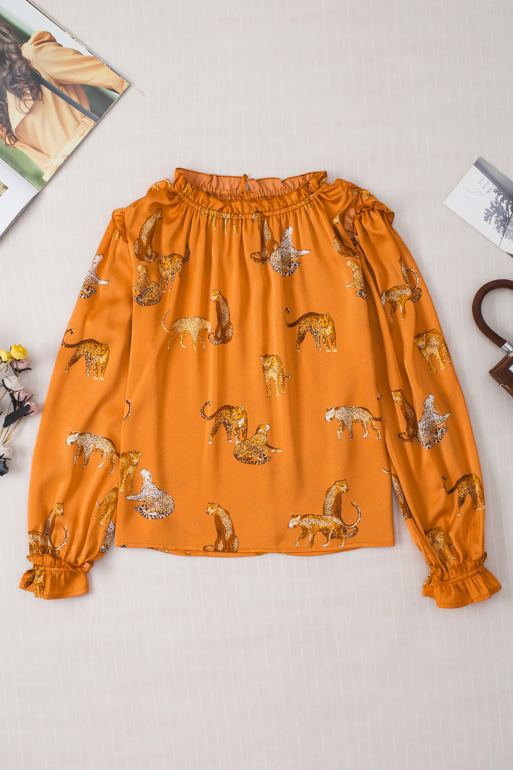 Orange Cheetah Printed Ruffled Sleeve Blouse BB Fashion Outlet