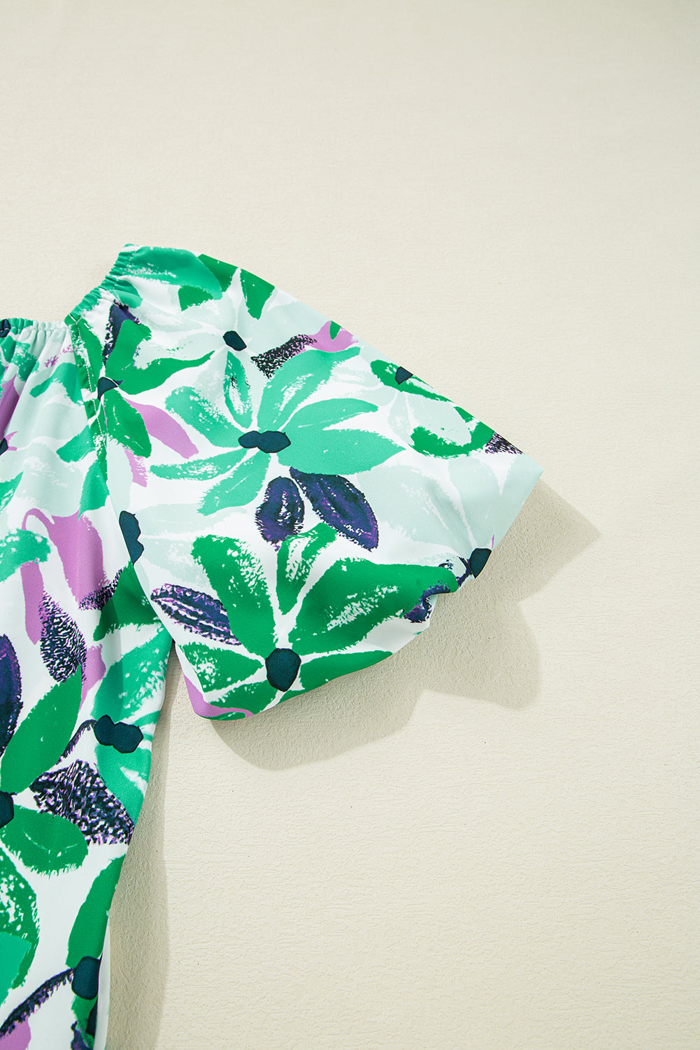 Green Floral Print Shirred Square Neck Loose Fit Mini Dress eAura