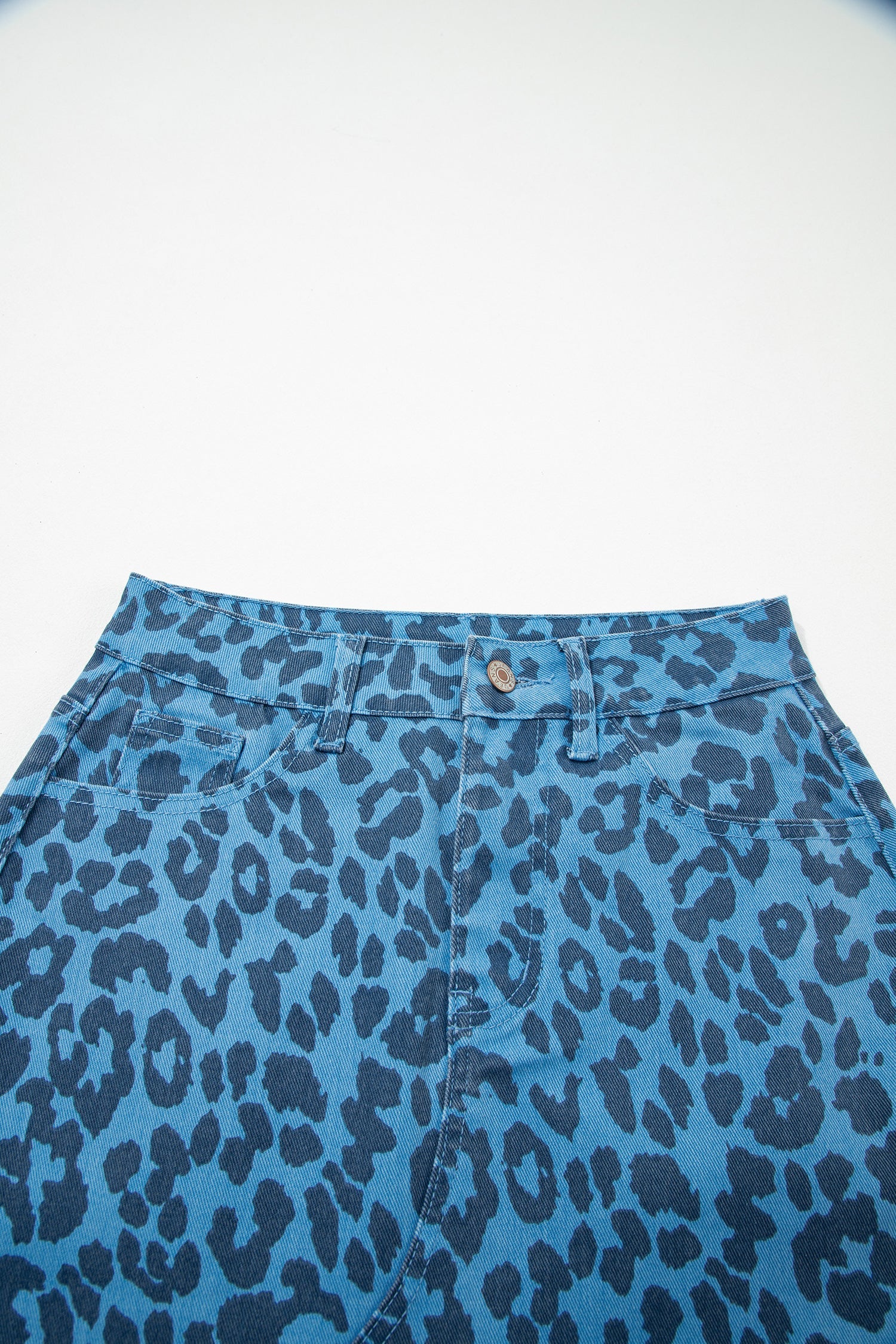 Leopard Denim Frayed Split Denim Midi Skirt - eAura
