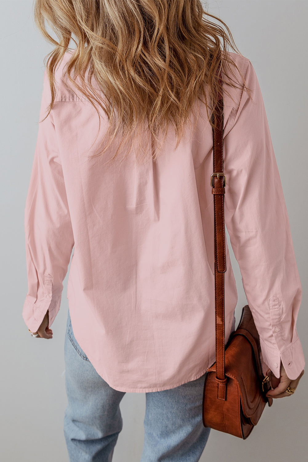 Light Pink Pleated Button-Up Loose Fit Casual Shirt Beagle Boutique Fashion Outlet