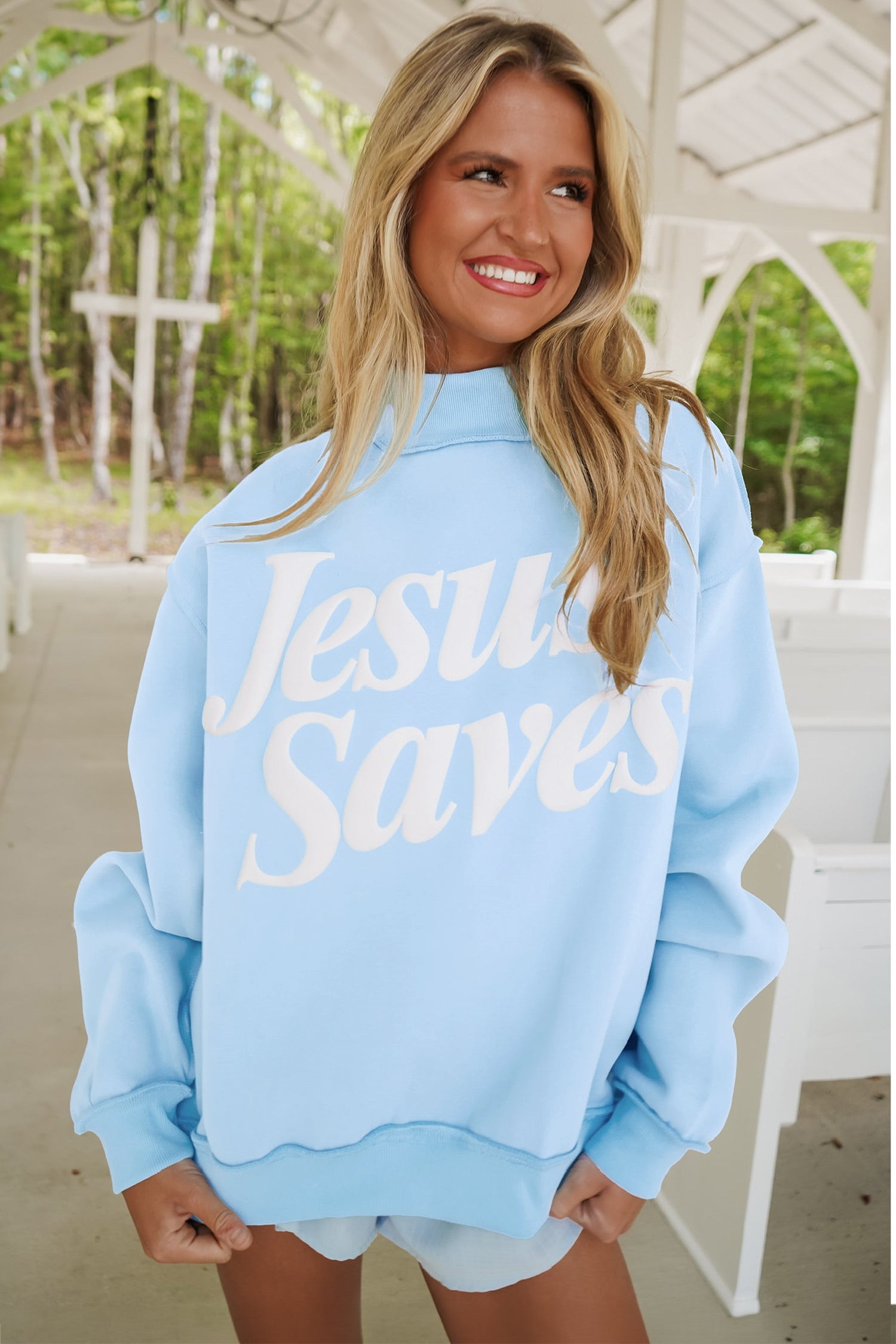 Jesus Saves Slogan Print Stand Neck Baggy Sweatshirt – Mist Blue