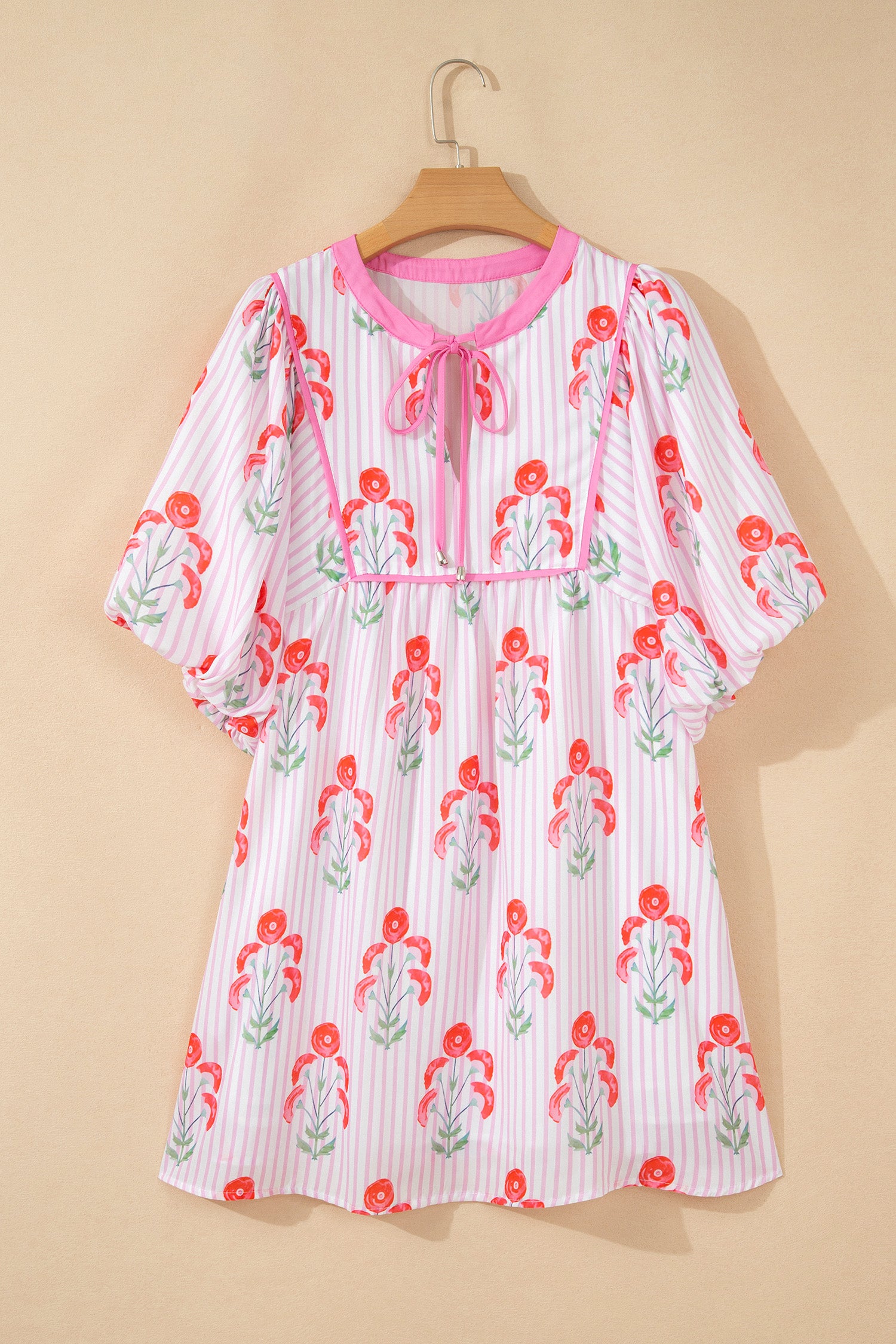 Floral Striped Tie Neck Puff Sleeve Mini Dress – Light Blue & Pink