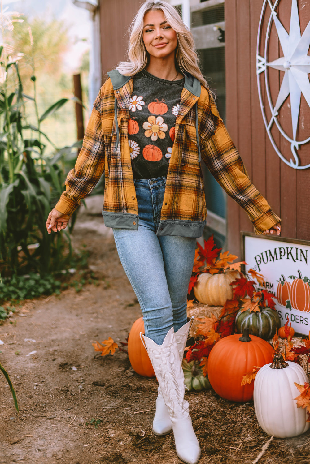 Orange Plaid Patch Hooded Frayed Snap Button Jacket eAura