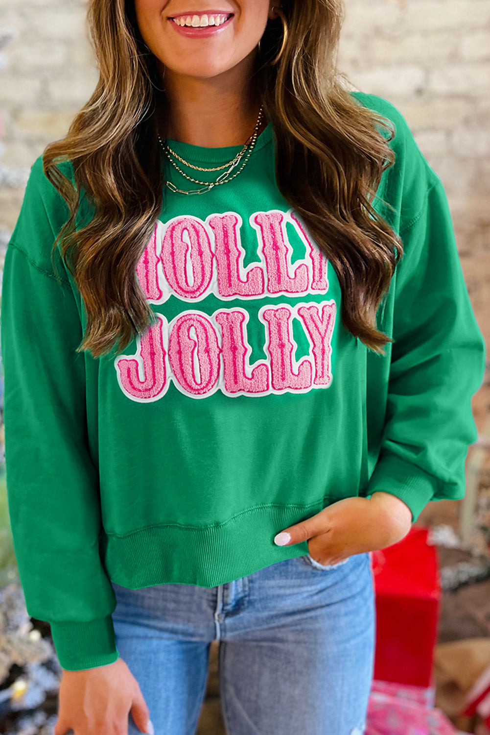 HOLLY JOLLY Towel Embroidered Christmas Holiday Sweatshirt - eAura