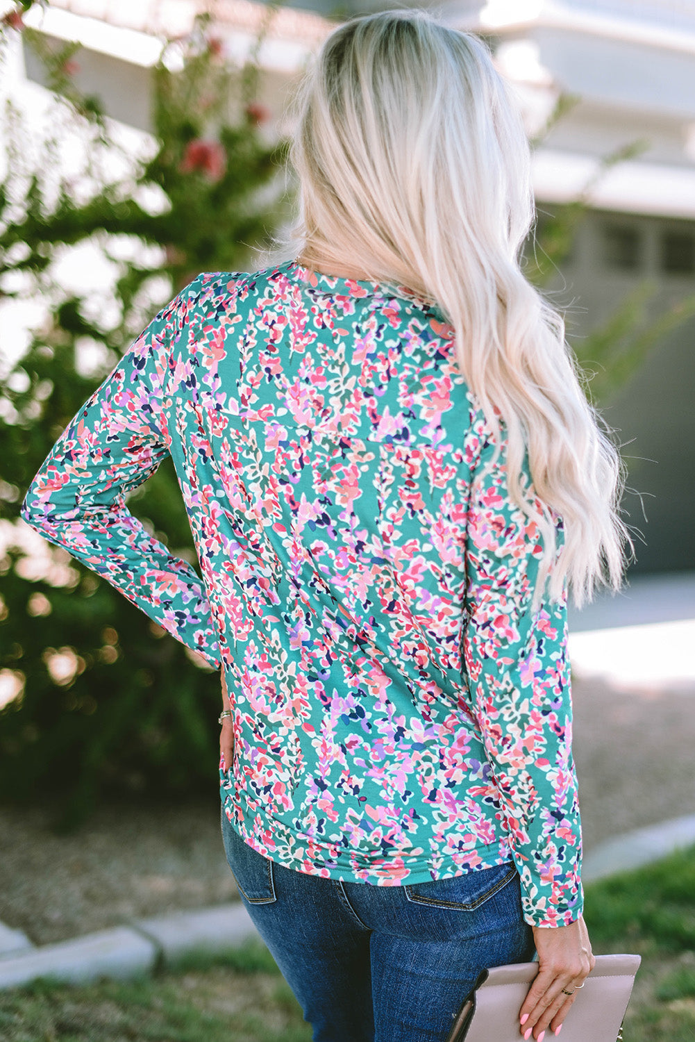 Green Floral Pleated Round Neck Long Sleeve Blouse eAura