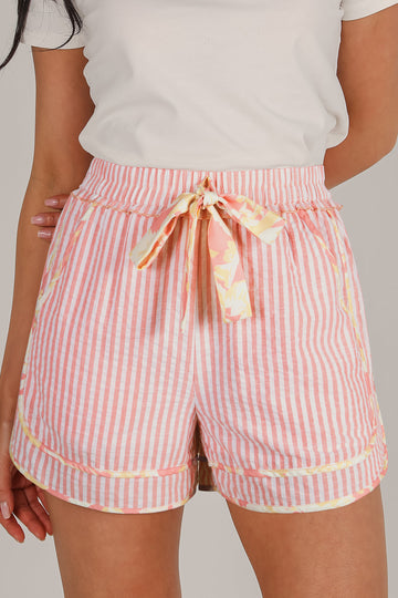 Pink Floral Trim Ribbon Knot Striped Shorts